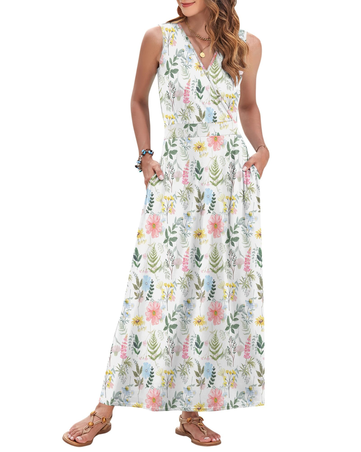 AUSELILY Womens Maxi Dress Summer Sleeveless Wrap Long Dresses with Pockets