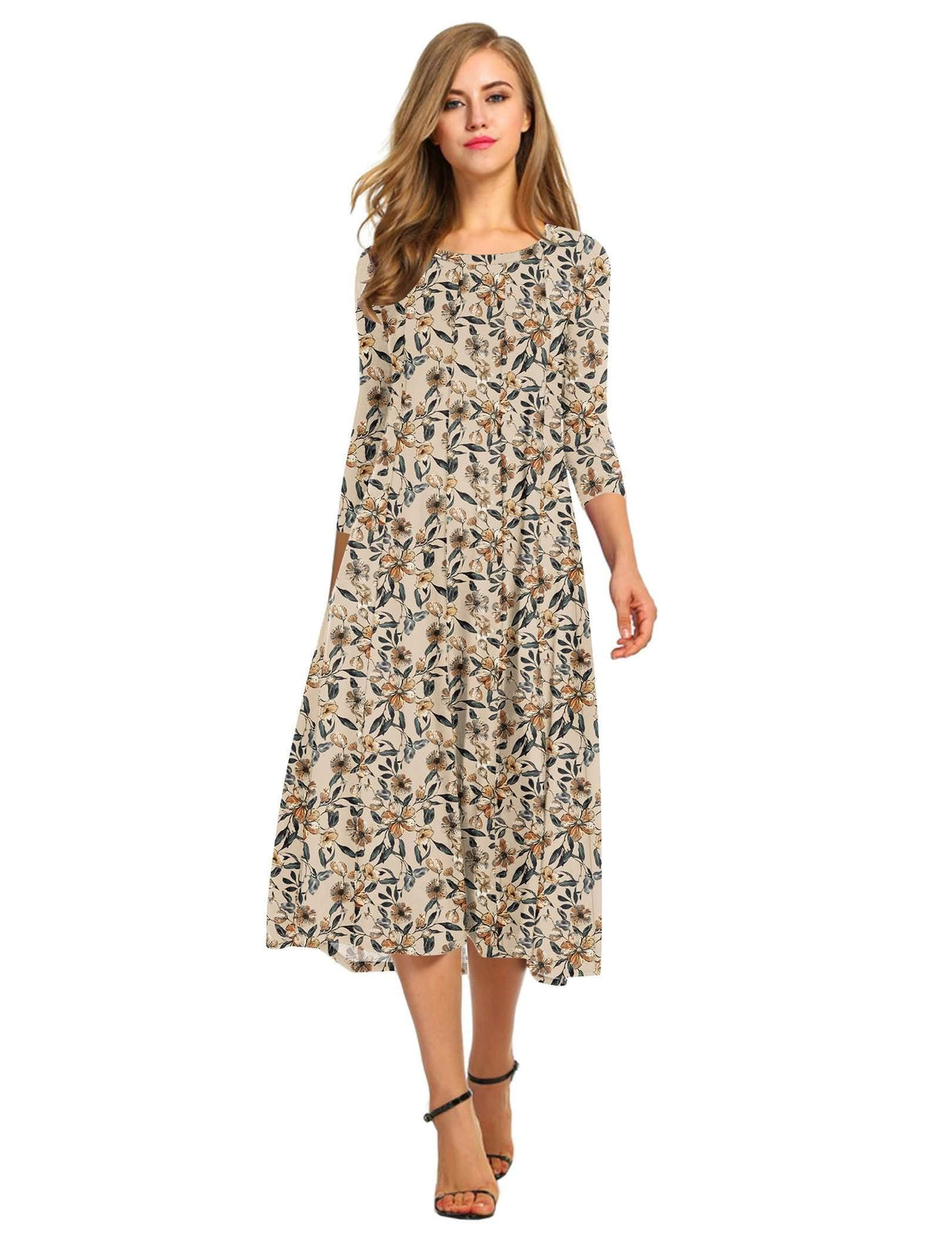HOTOUCH Women's 3/4 Sleeve A-line and Flare Midi Long Dress