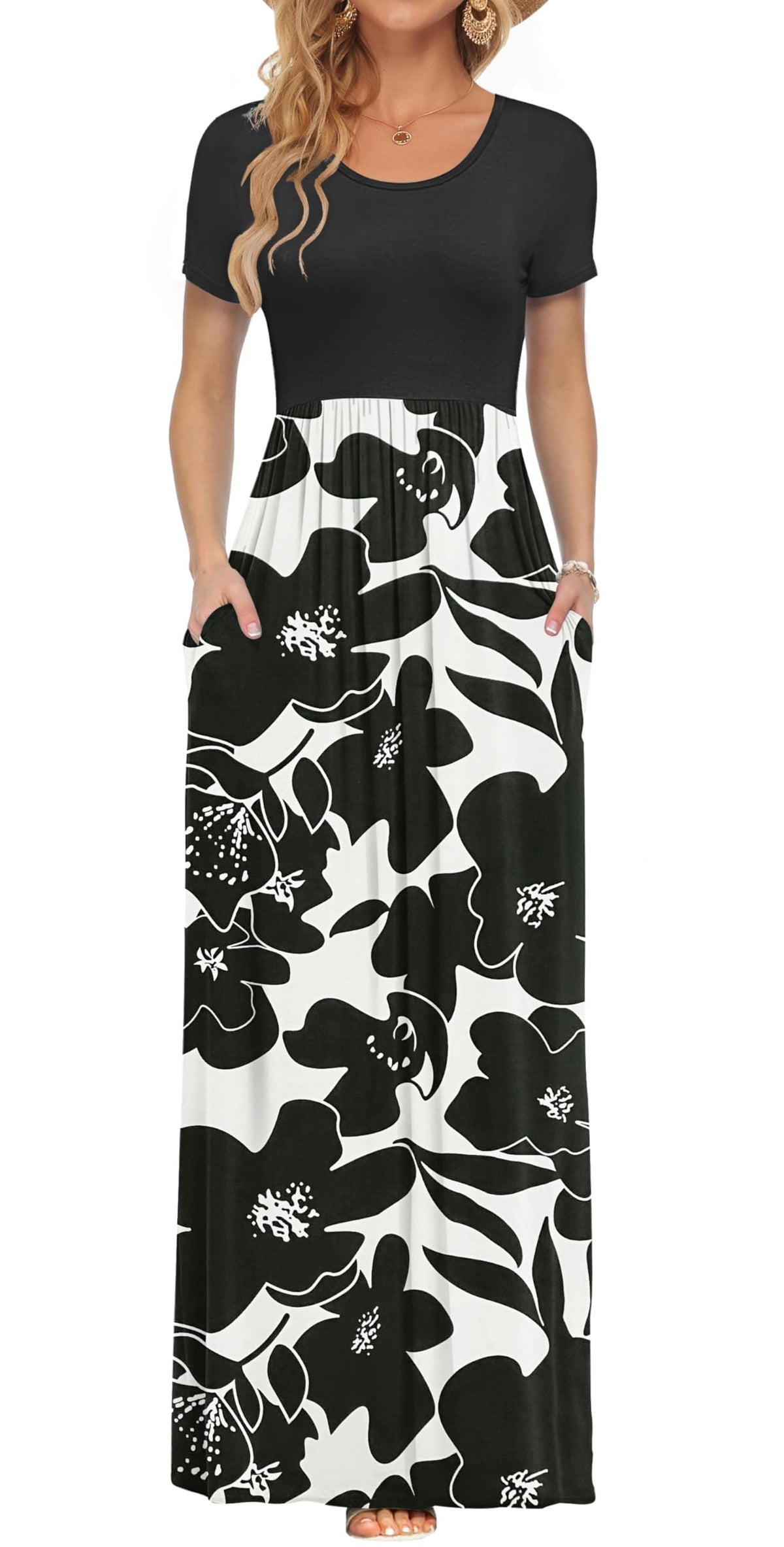AUSELILY Women's Summer Short Sleeve Loose Plain Casual Long Maxi Dresses