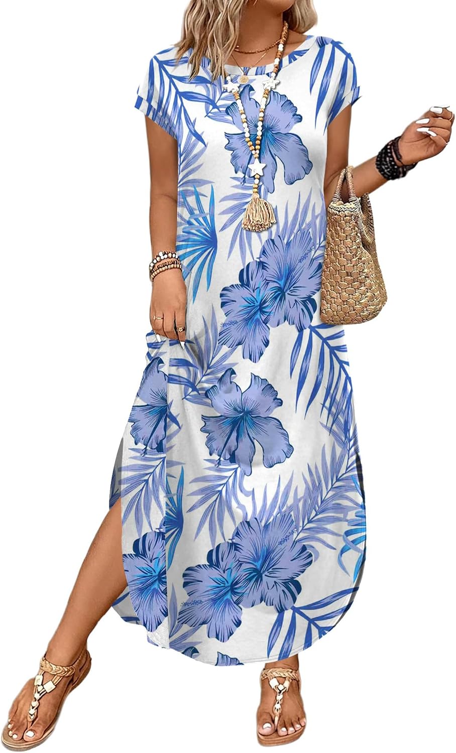 WIHOLL Summer Dresses Cap Sleeve Crewneck Maxi Long Casual Dress with Pockets Beach Vacation Sundresses 2026 Trendy