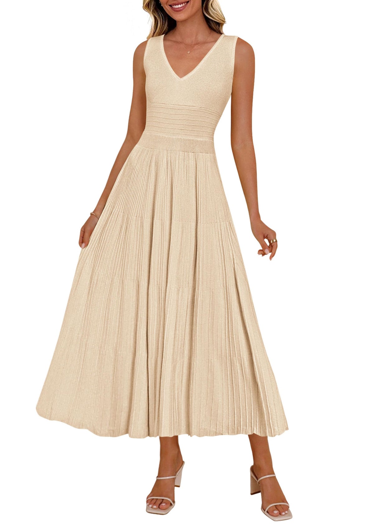 PRETTYGARDEN Women's Summer V Neck Pleated Midi Dress