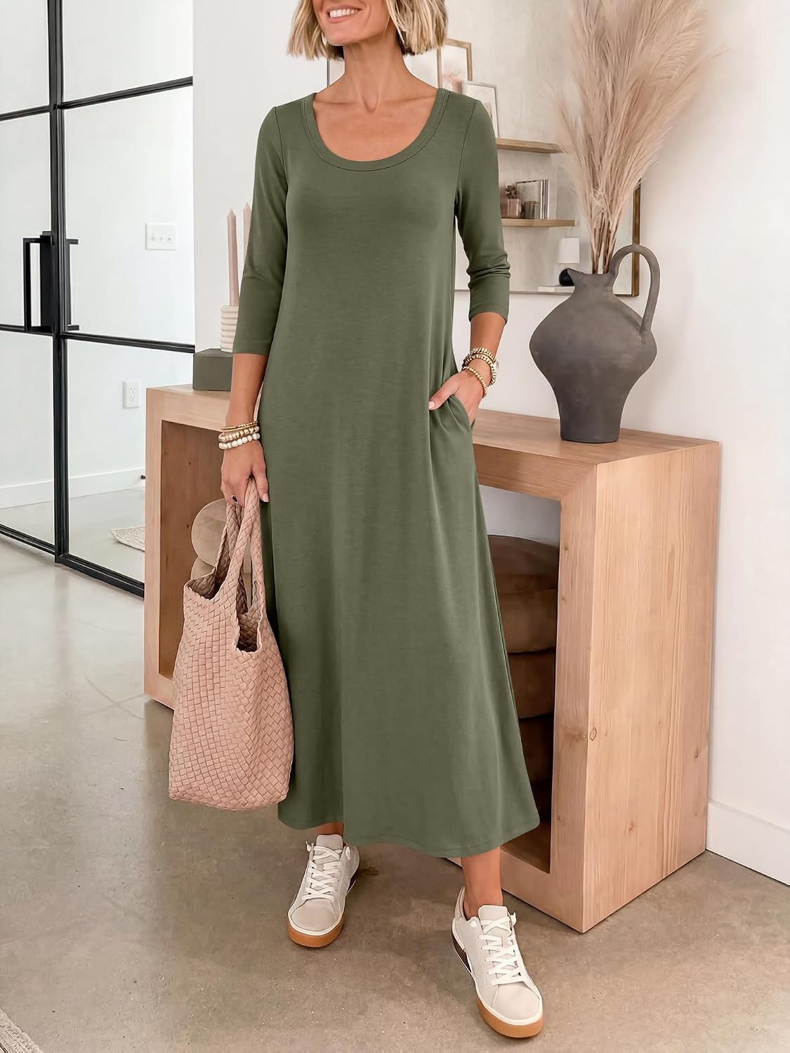 ANRABESS Womens 3/4 Sleeve Scoop Neck Casual Maxi Dress