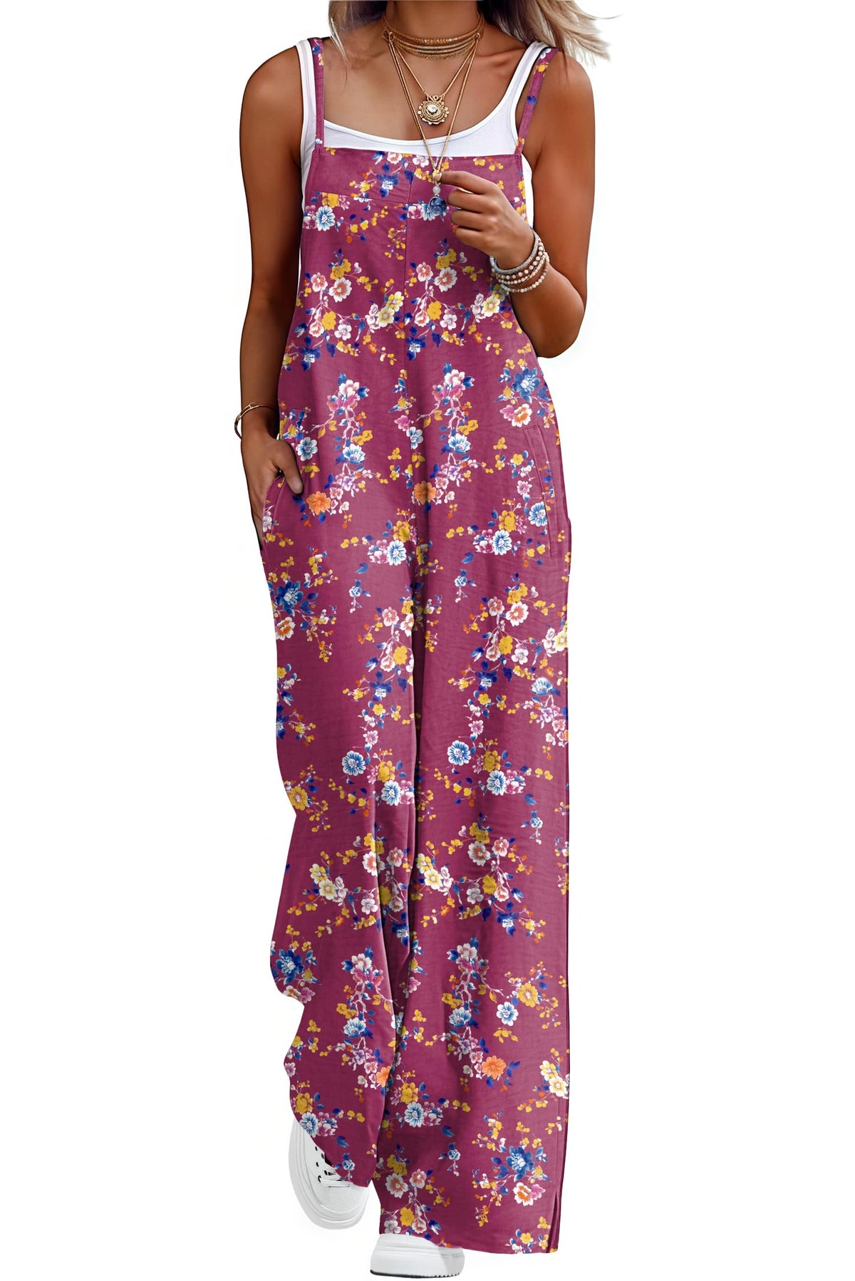 Lepunuo Womens Casual Loose Jumpsuits Summer Boho Wide Leg Rompers Sleeveless Overalls with Pockets