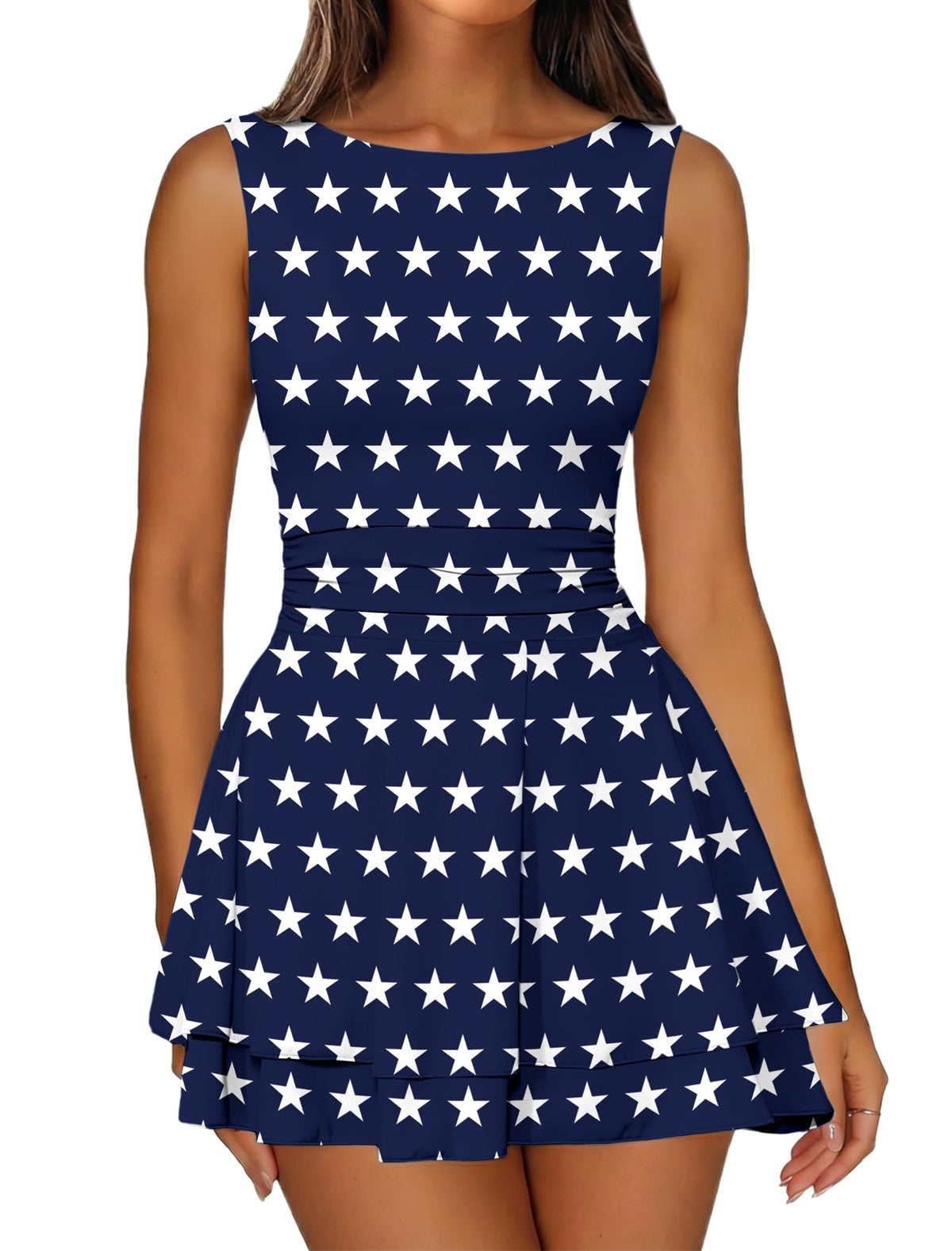 IWD Women's Boat Neck Sleeveless Mini Dress Tiered Ruffle Hem Party Dresses