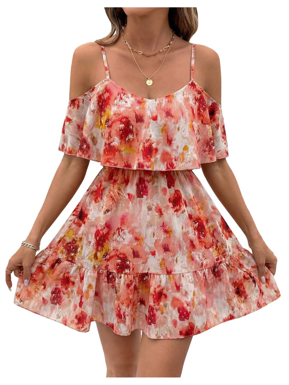 SOLY HUX Women's Summer Floral Mini Dress Cold Shoulder Ruffle Dresses