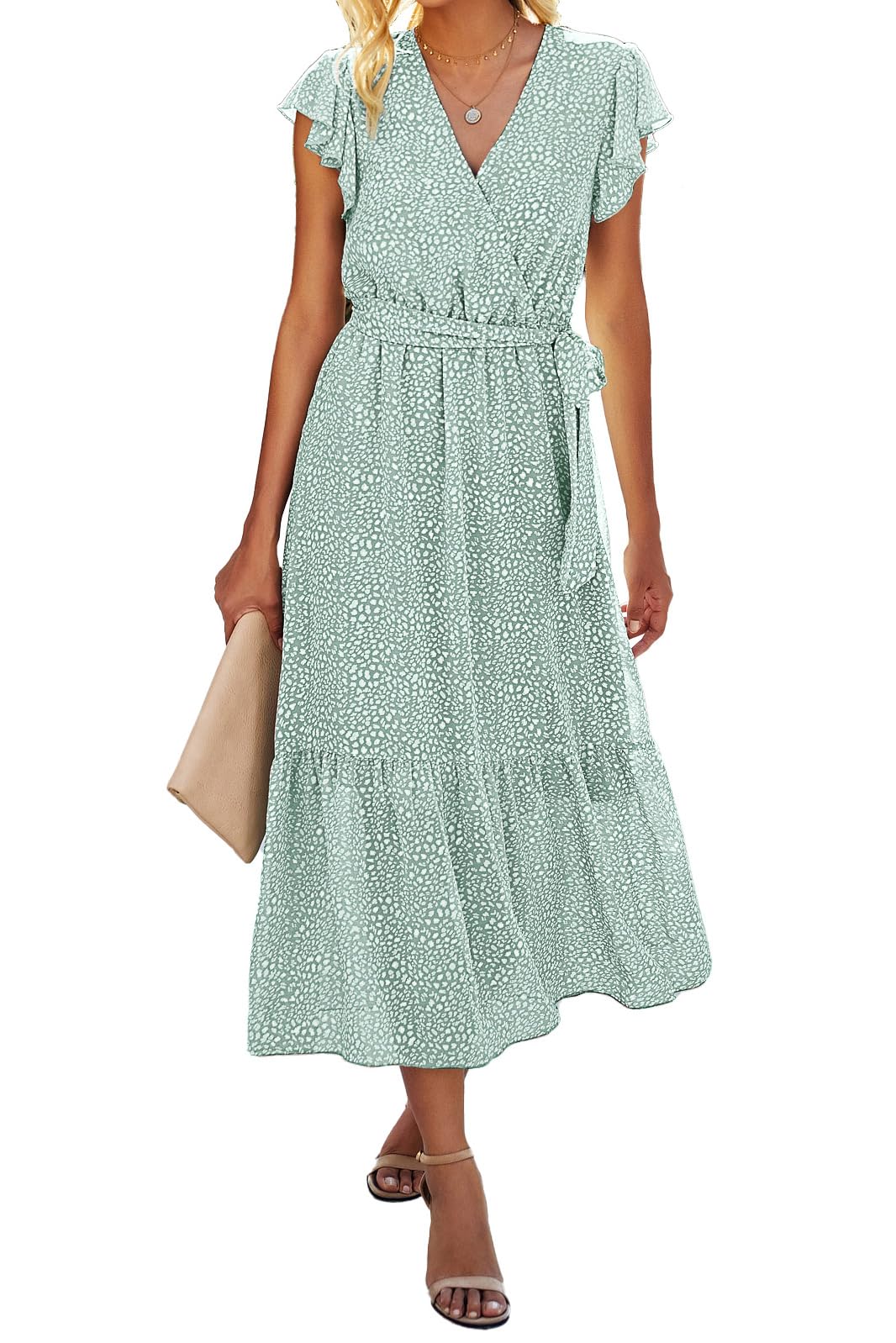 BTFBM Women Summer Casual Wrap V Neck Ruffle Cap Sleeve Belted Midi Dress