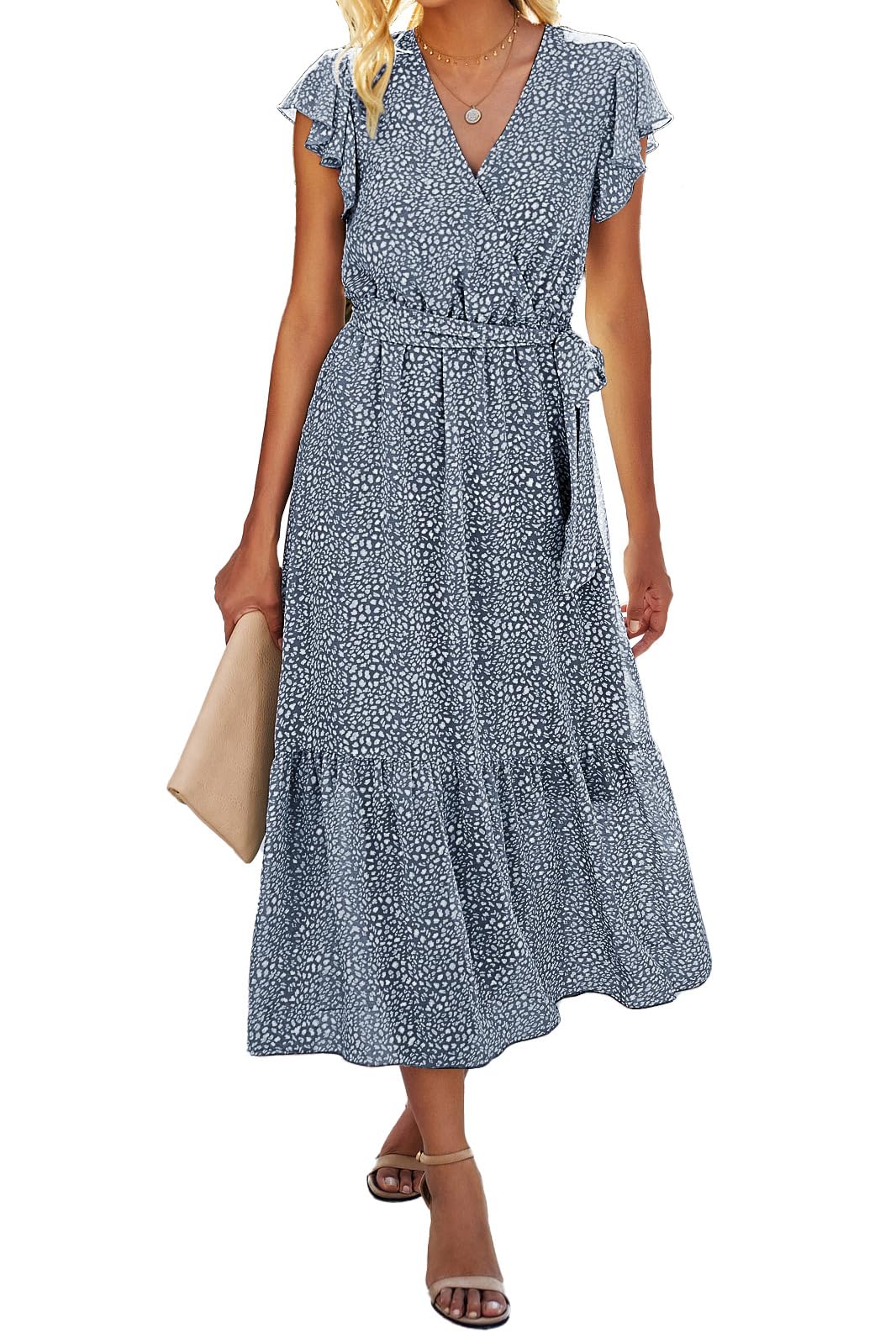 BTFBM Women Summer Casual Wrap V Neck Ruffle Cap Sleeve Belted Midi Dress