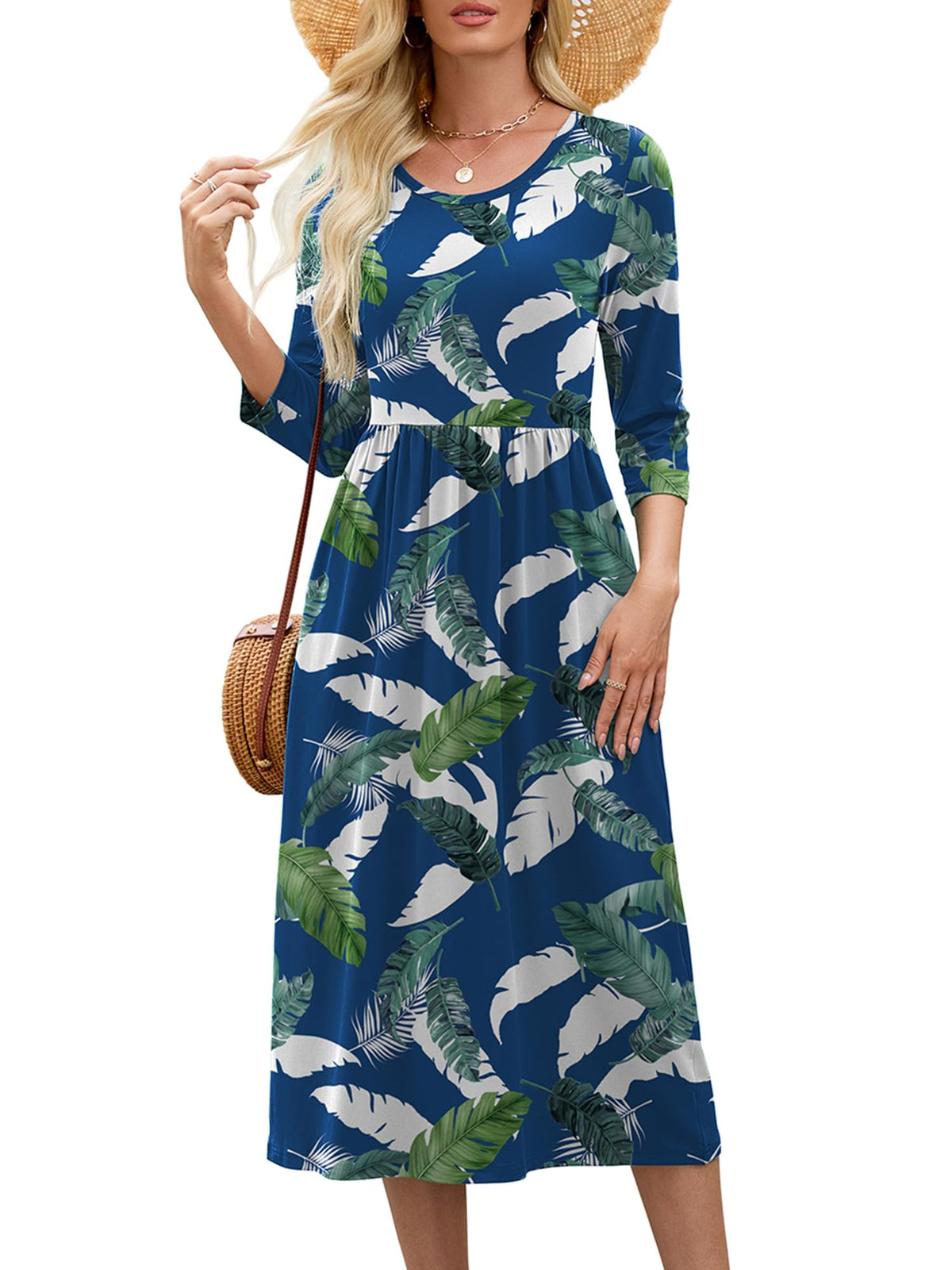 Heymoments Women's Casual 3/4 Sleeve Midi Dress with Pockets