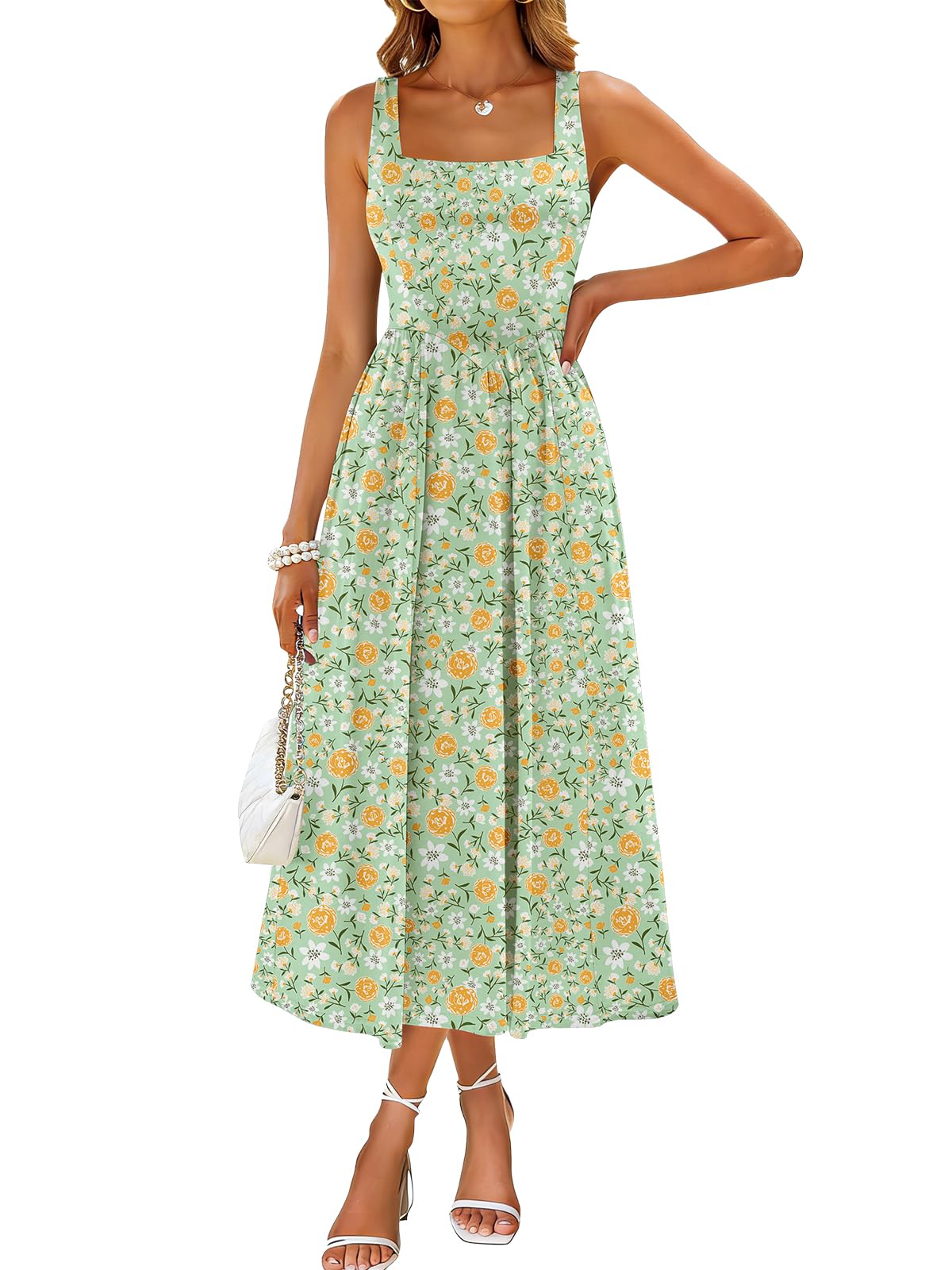Sureple Midi Dresses for Women 2026 Spring Square Neck Tank Sleeveless A Line Casual Summer Sundresses with Pockets