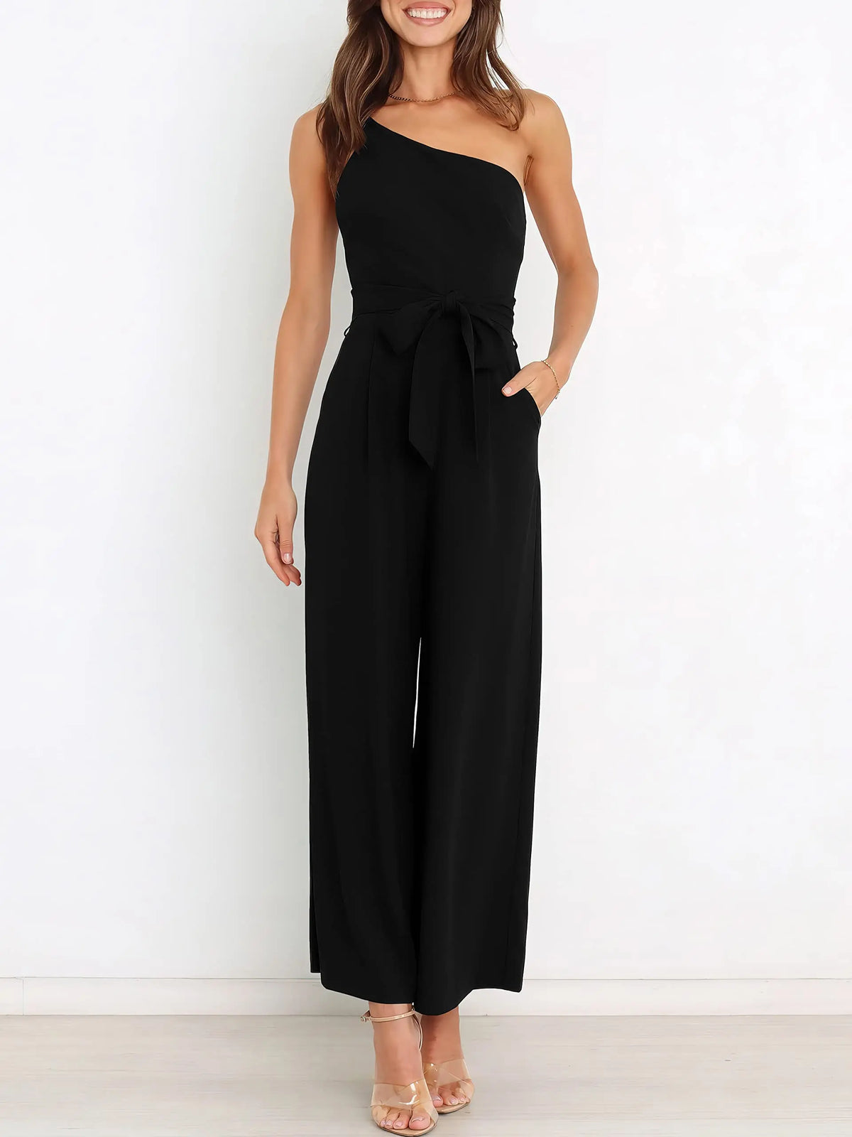 ANRABESS Women's Summer Dressy One Shoulder Sleeveless Tie Waist Backless Casual Wide Leg Jumpsuit Rompers Pockets Wedding Elegant  Overalls