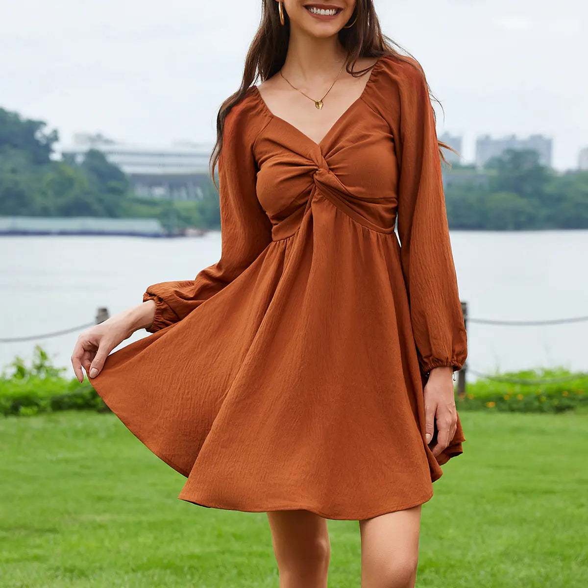 Chicovar Women's Spring Sweetheart Neckline Knot Front Flowy Mini Chiffon Dresses , Lantern Sleeve, A-Line Cut, No Scratchy, No Sheer, Westernfashion, Family Photos, Church, Party, Casual, or Daily Wear, Summervibes Long Sleeve Womenswear