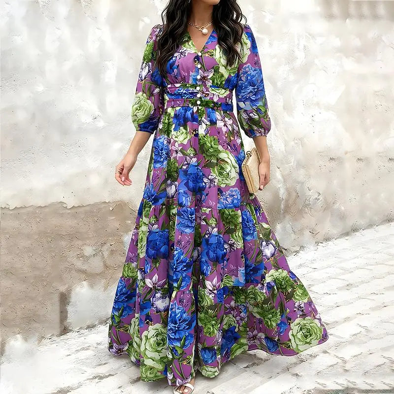 CHICME 2026 Women's Plants Print V-Neck Puff Sleeve Casual Maxi Dress