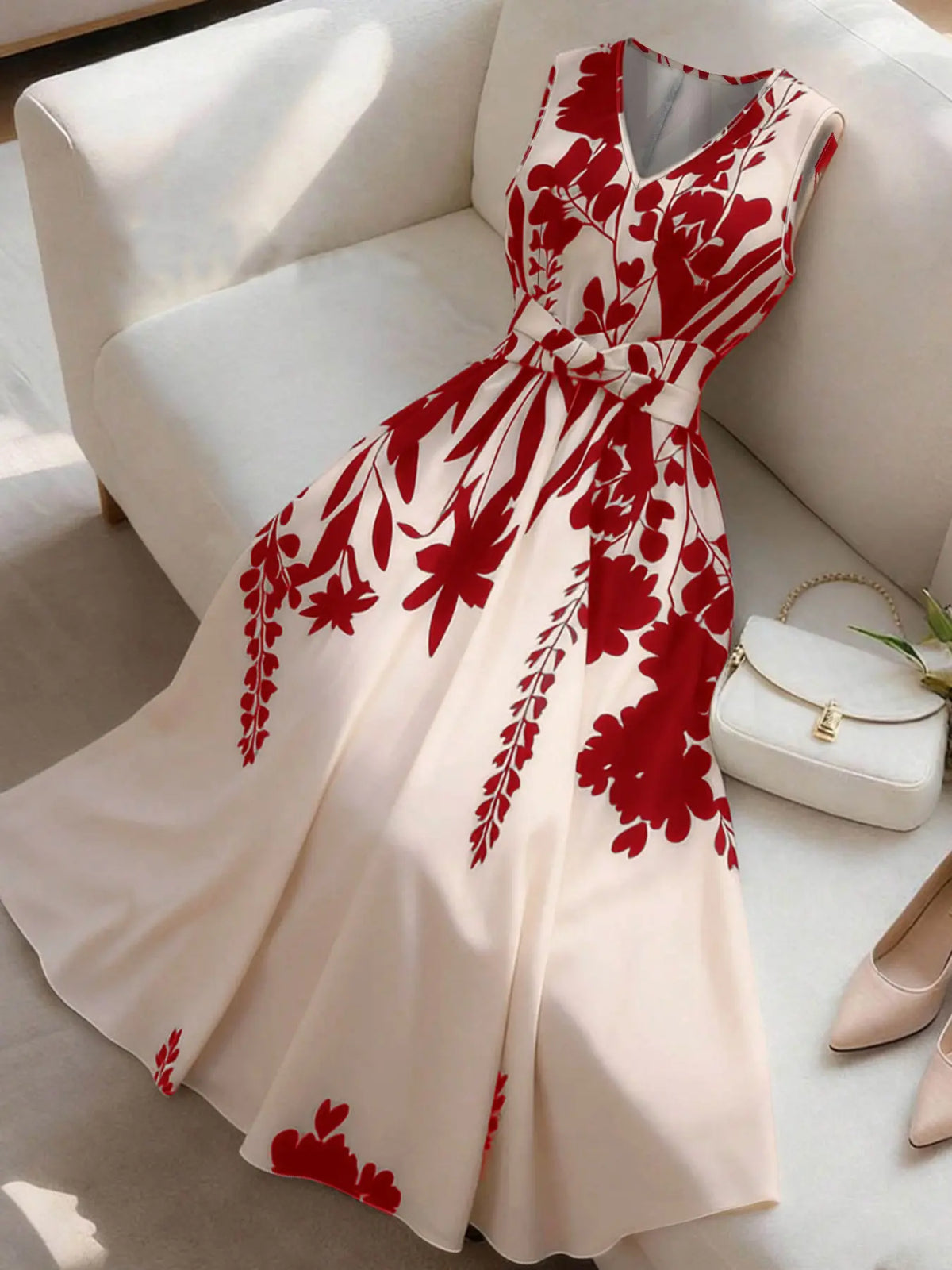 Women's Fashion Feminine Casual Chic Floral Print Sleeveless Vneck Dress, Summer Clothes for Vacation, Office, Beach and Graduation Party, Boho V Neck