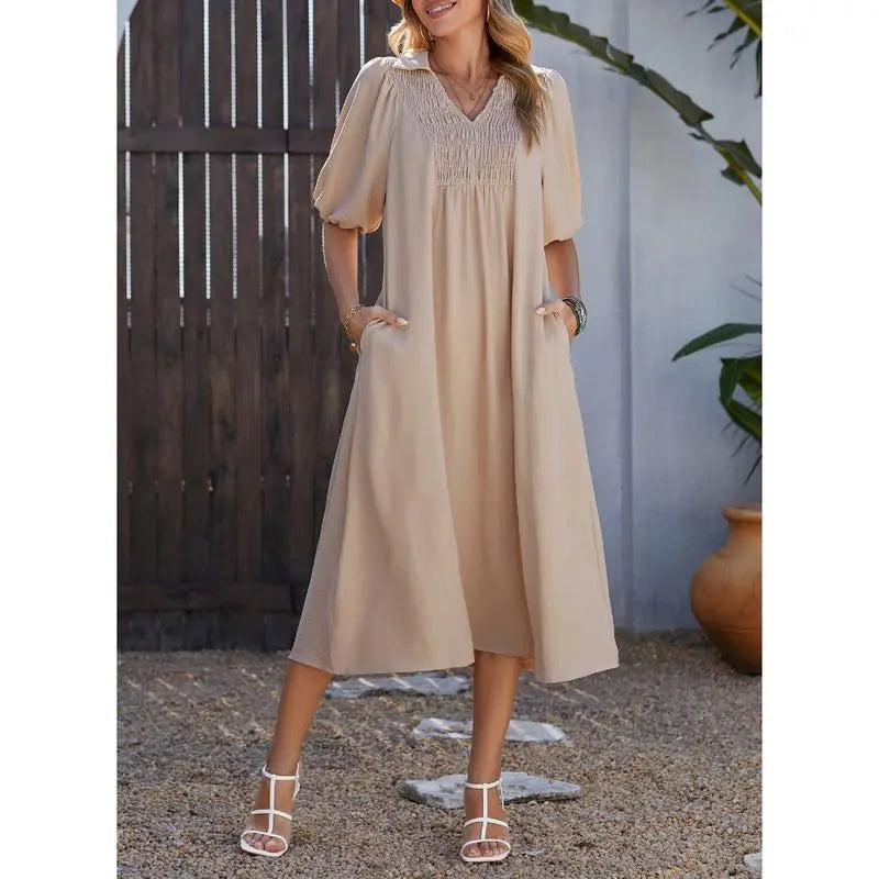 DOKOTOO Summer Dresses for Women 2026 Casual Dresses V Neck Puff Sleeve Empire Waist A-Line Maxi Dress