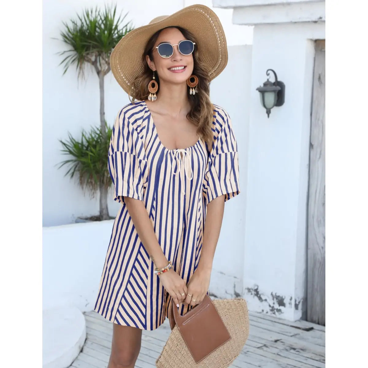 UANEO Womens Striped Romper Casual Loose Puff Sleeve Wide Leg Jumpsuit Overall with Pockets SummerVibes