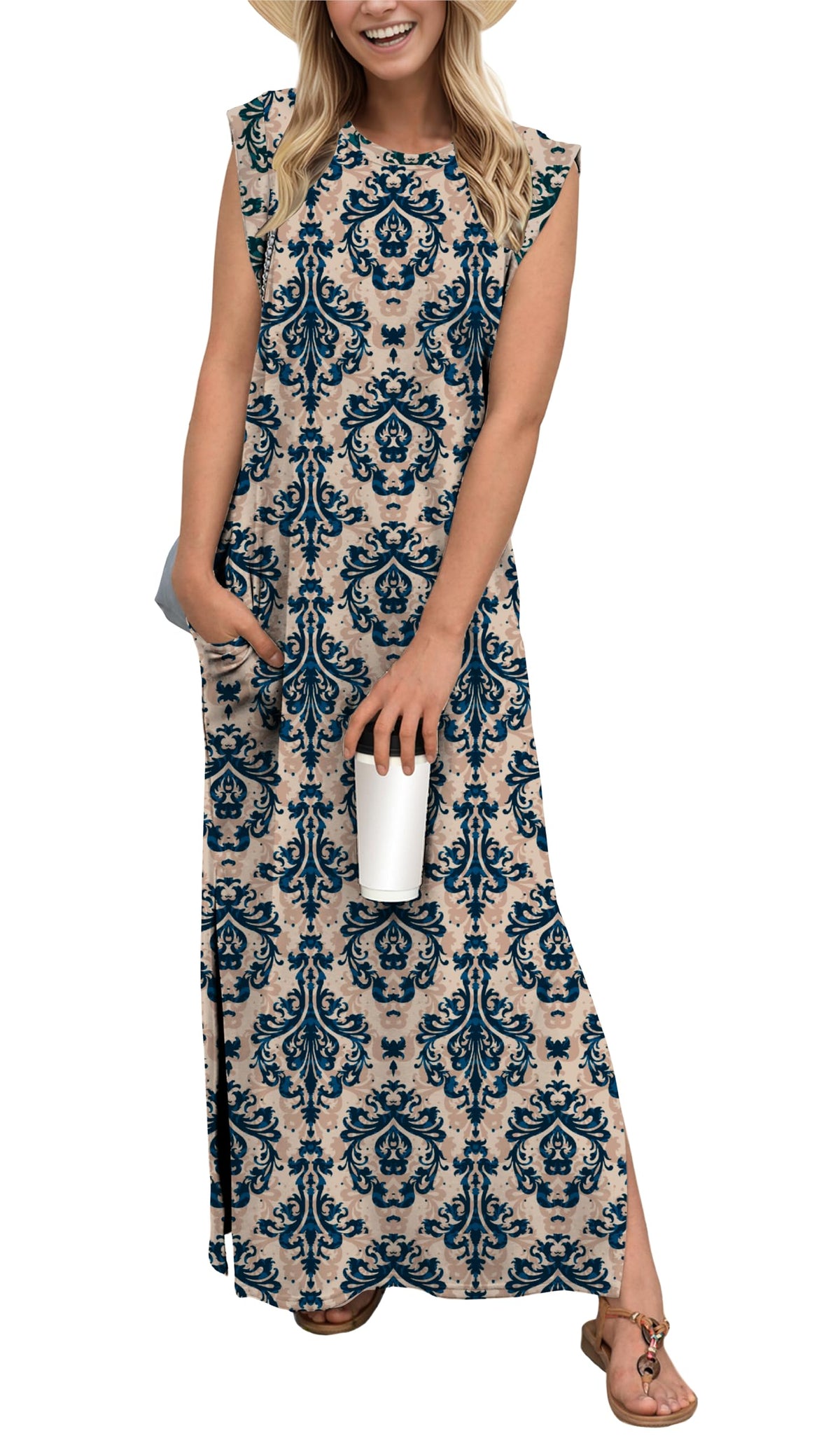 GRECERELLE 2026 Women Year-Round Casual Round Neck Loose Split Wrinkle-Free Long Maxi Vacation Dress with Pockets (XXS-4XL)