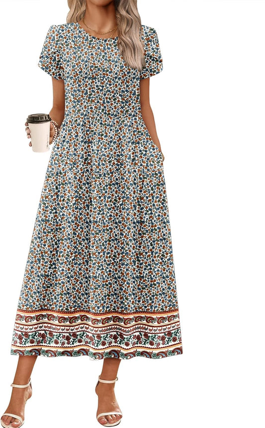 Zeagoo Summer Dresses for Women 2026 Maxi Bohemian Short Sleeve Long Dress