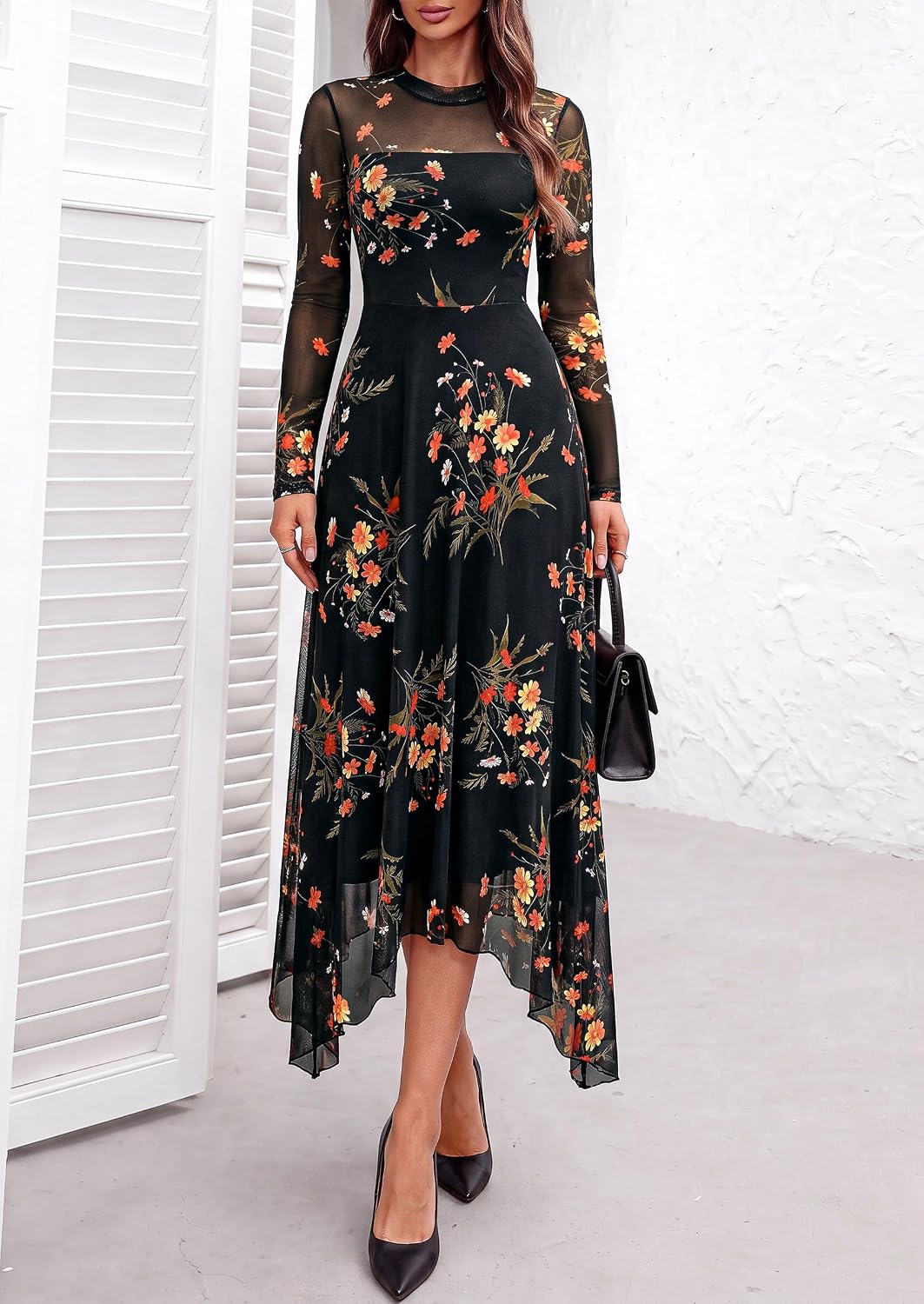PRETTYGARDEN Women's Floral Mesh Midi Dress