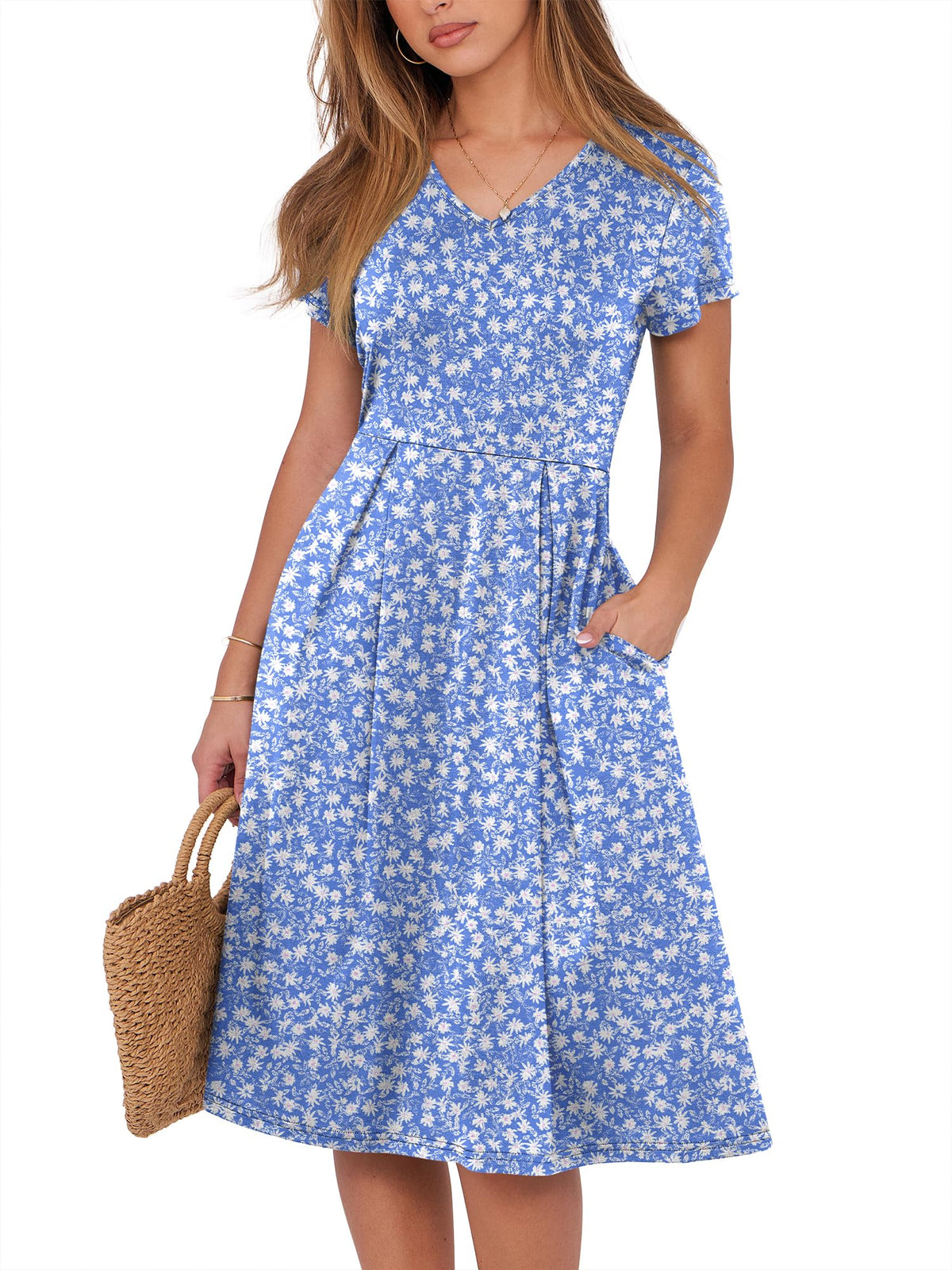 ANRABESS Women Summer Dress Casual Short Sleeve V Neck A-Line Knee Length Pleated Flowy 2026 Fashion Midi Dresses with Pocket