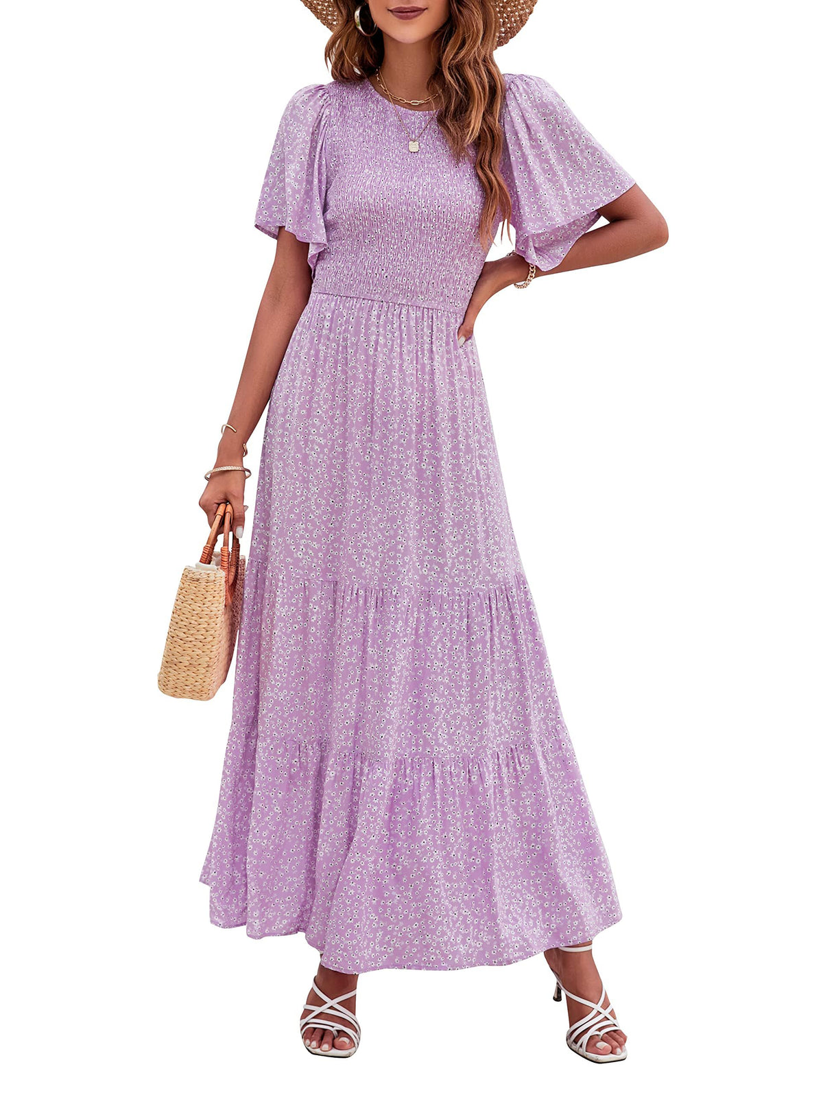 ZESICA Women's Summer Boho Floral Smocked Short Sleeve Maxi Dress