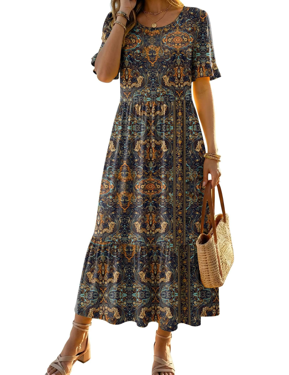 Zeagoo Womens Summer Dresses 2026 Casual Midi Dress Flowy Sundress Ruffle Short Sleeve Tiered Dresses A Line Boho Dress
