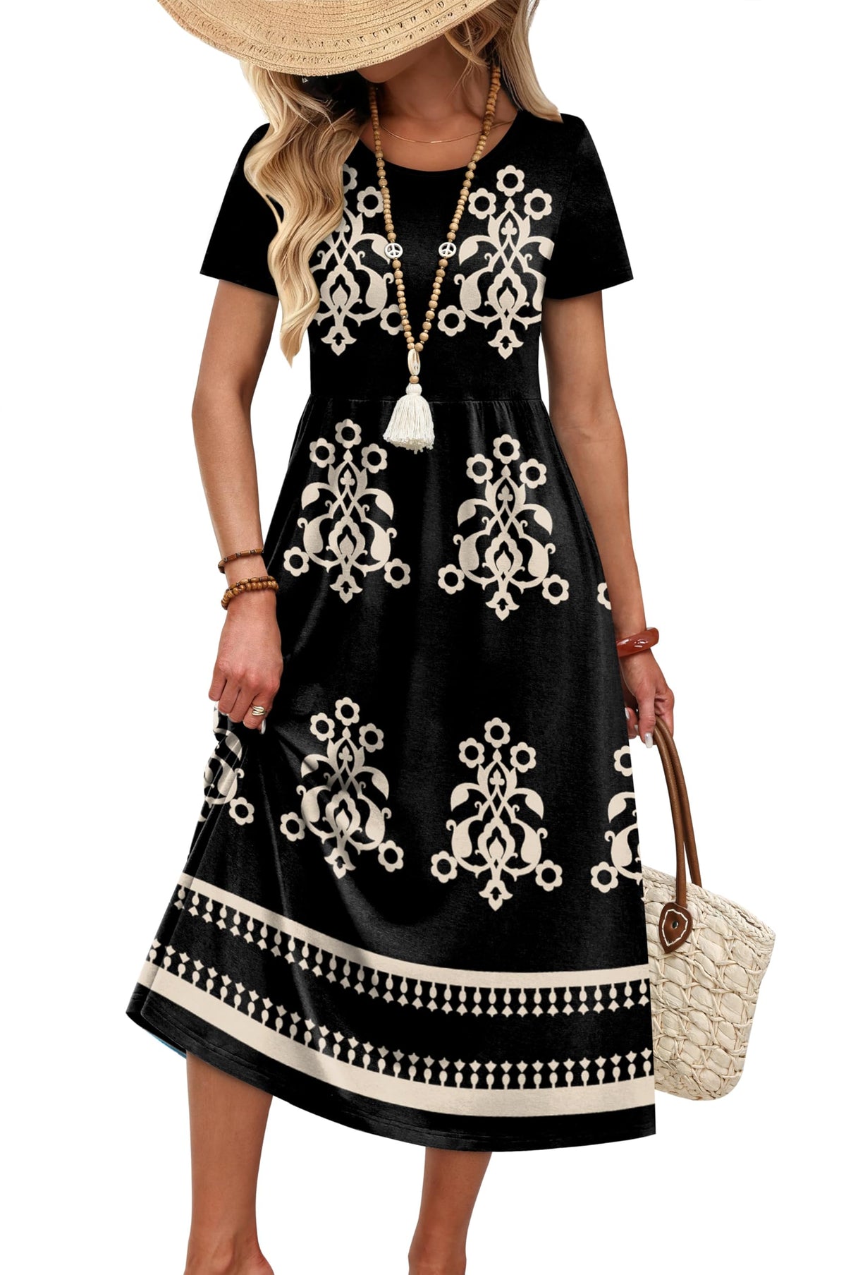 OFEEFAN Spring Summer Dresses for Women 2026 Crewneck Short Sleeve Flowy Casual Midi Beach Sundress with Pockets