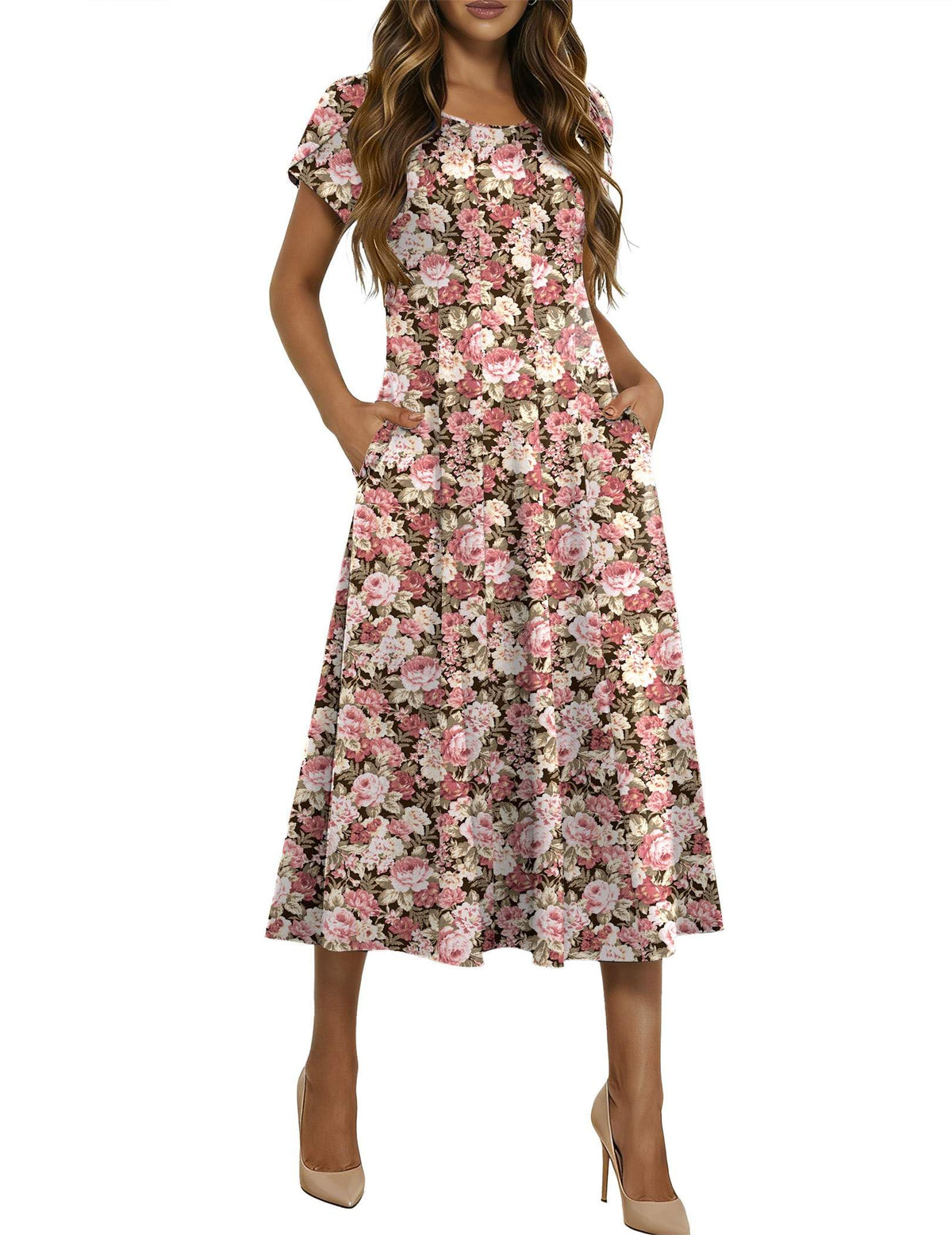 HOTOUCH Summer Dresses for Women 2026 Casual Midi Dress Petal Short Sleeve A Line Dress Pleated Flare Sundress