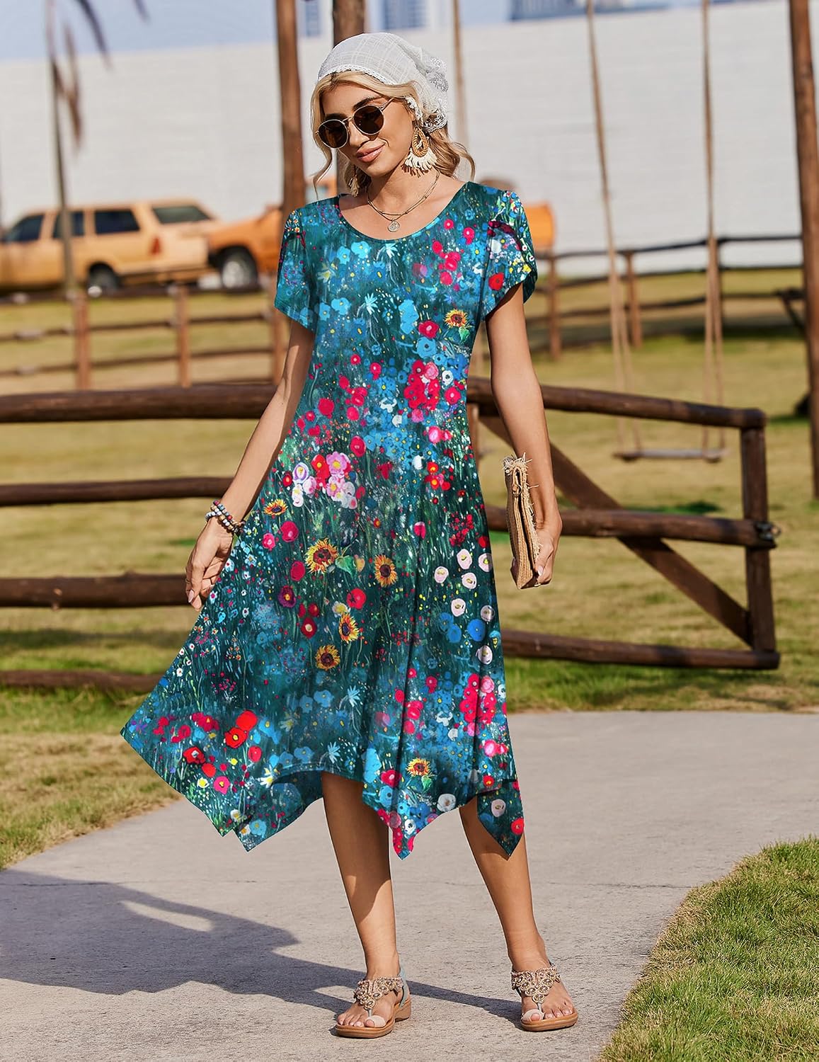 Zeagoo Womens Casual Dress for Summer Loose Hankerchief Flare Midi Sundress