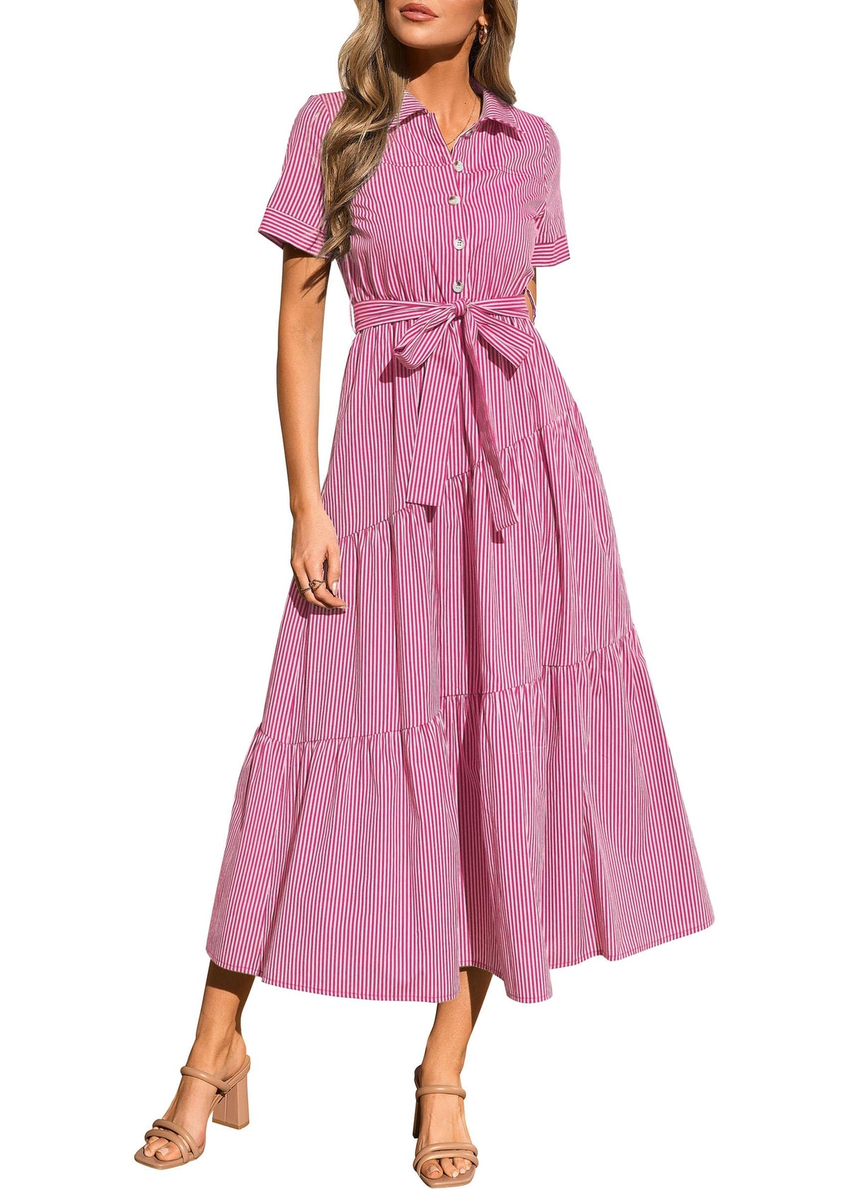 PRETTYGARDEN Women Striped Button Up Maxi Shirt Dress