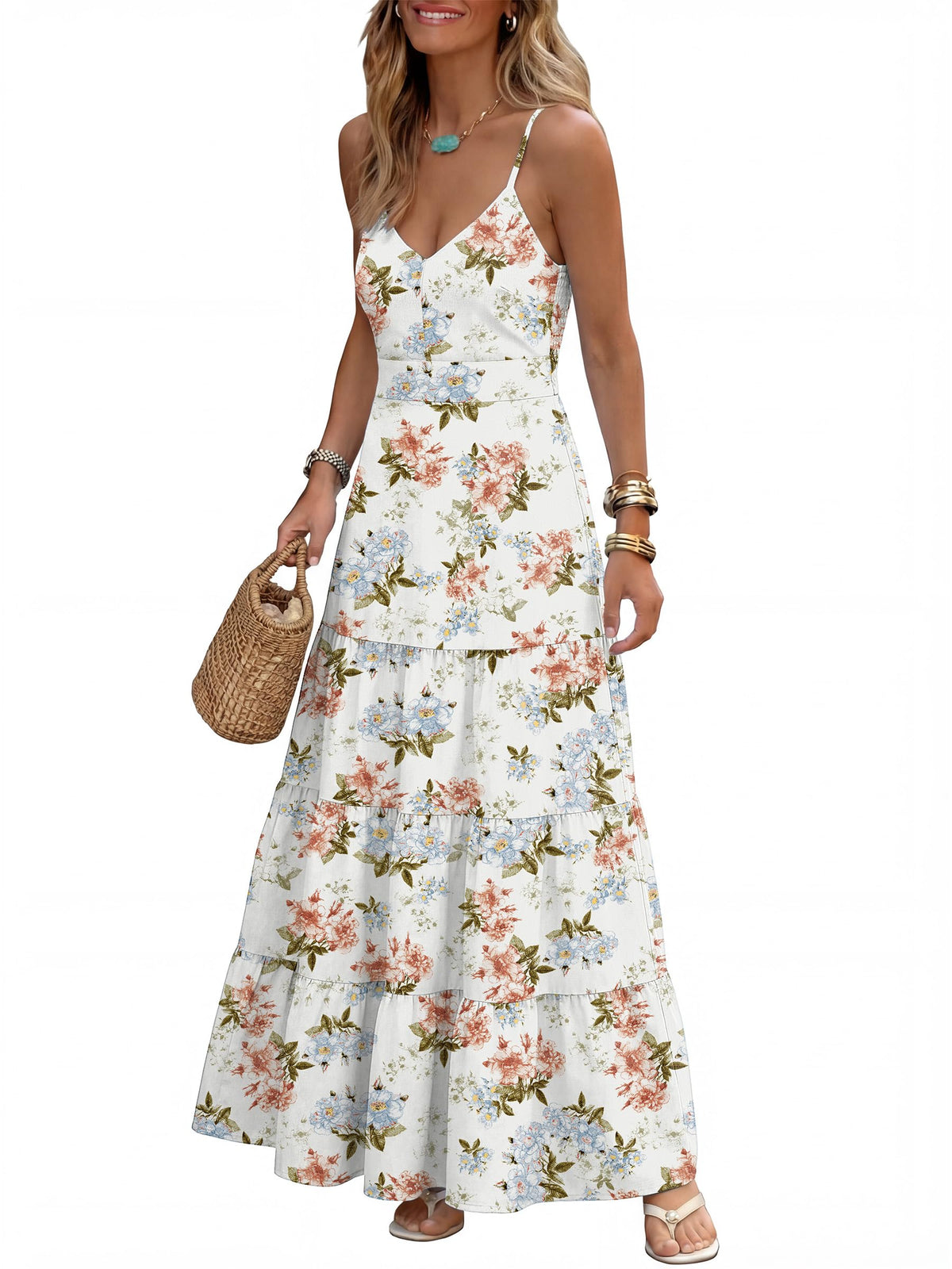 Caracilia Womens Summer Gingham Striped Flowy Spaghetti Strap Maxi Dress