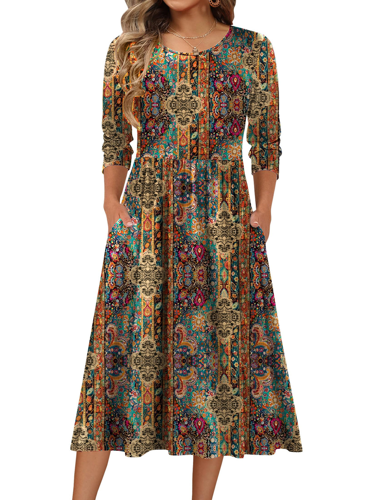 Zeagoo 3/4 Sleeve Women's Dress Casual Aline Summer Fall Midi Long Dresses