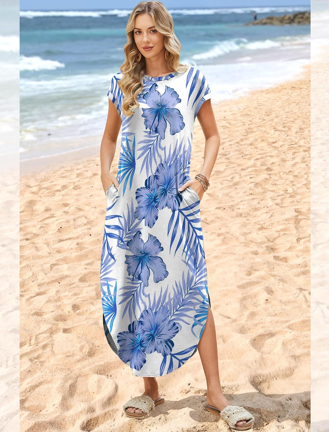 WIHOLL Summer Dresses Cap Sleeve Crewneck Maxi Long Casual Dress with Pockets Beach Vacation Sundresses 2026 Trendy