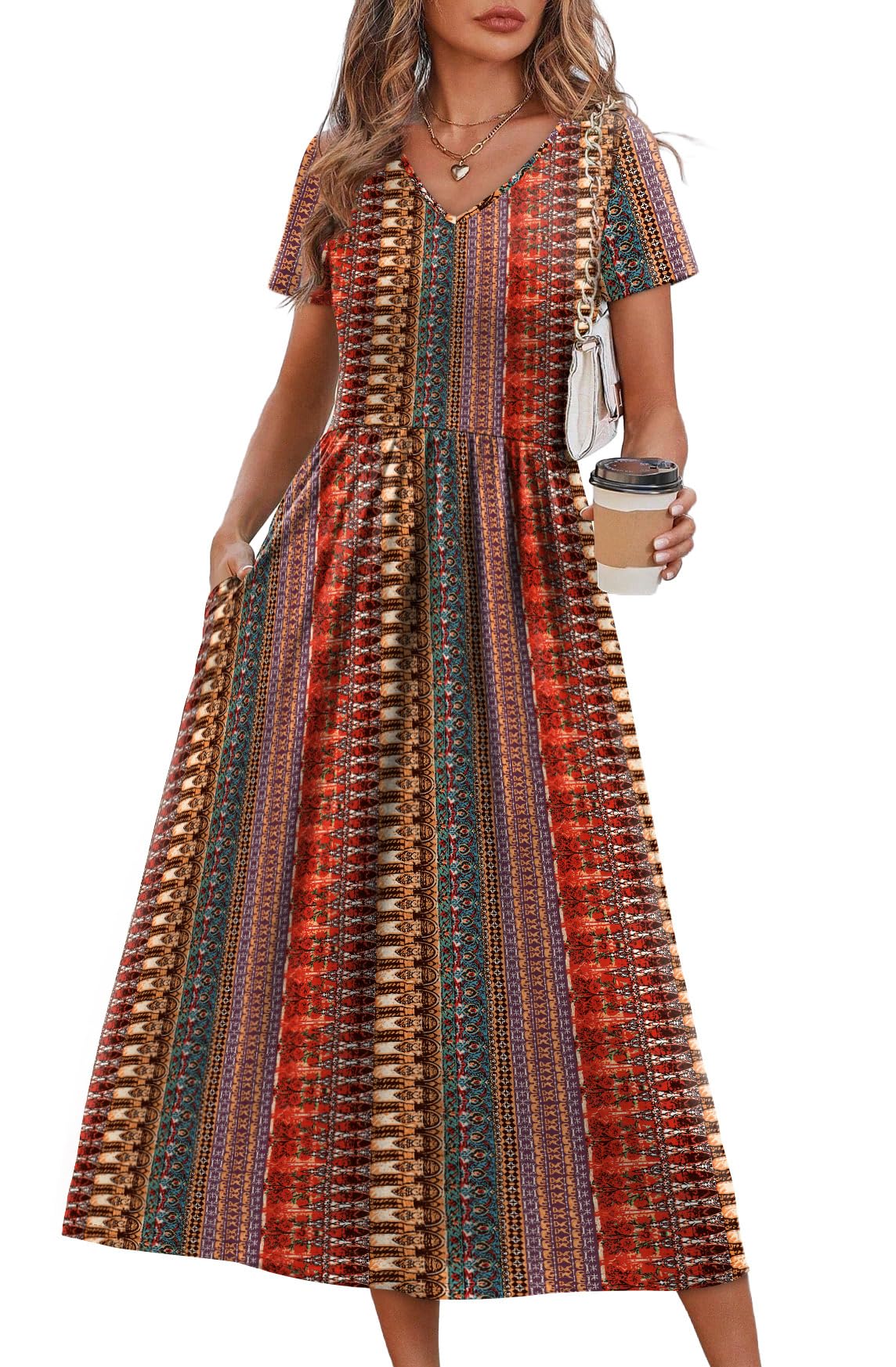 OFEEFAN Summer Dresses for Women Flowy Casual A-Line Midi Dress Beach Vacation Sundresses with Pockets S-2XL
