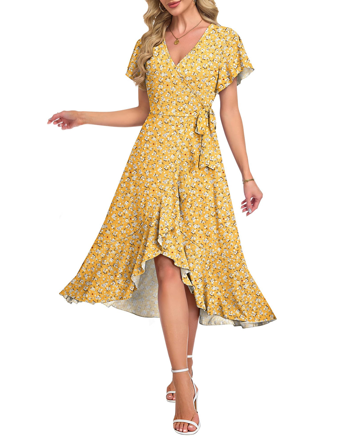 AUSELILY Women Summer Midi Dresses Wrap Short Flutter Sleeve Elegant Dress