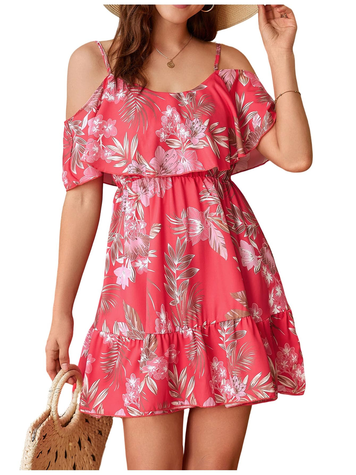 SOLY HUX Women's Summer Floral Mini Dress Cold Shoulder Ruffle Dresses