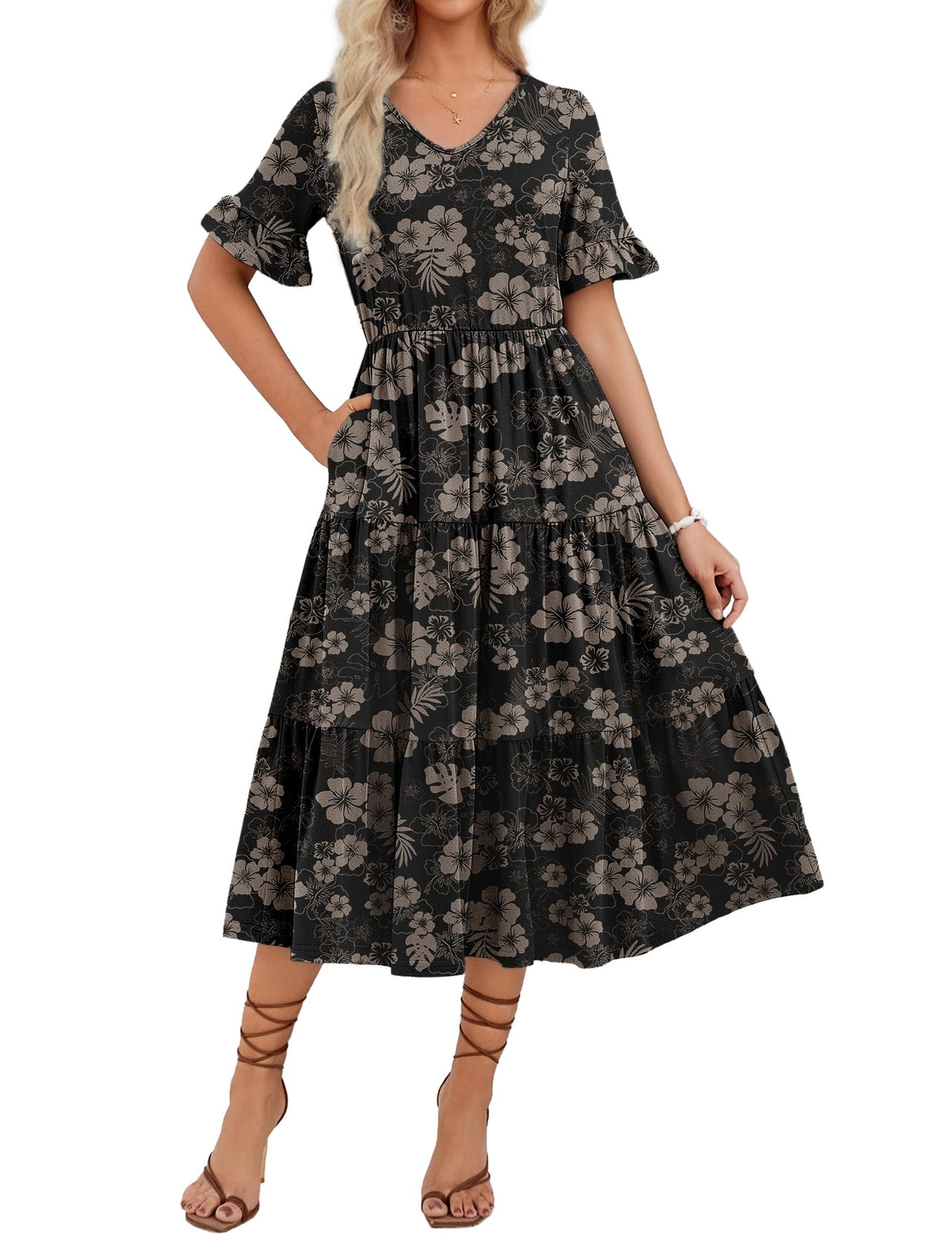 ZEAGOO Women's Summer Dresses Midi Tiered Casual Dress Floral V Neck Ruffle Short Sleeve Flowy Beach Dress with Pockets