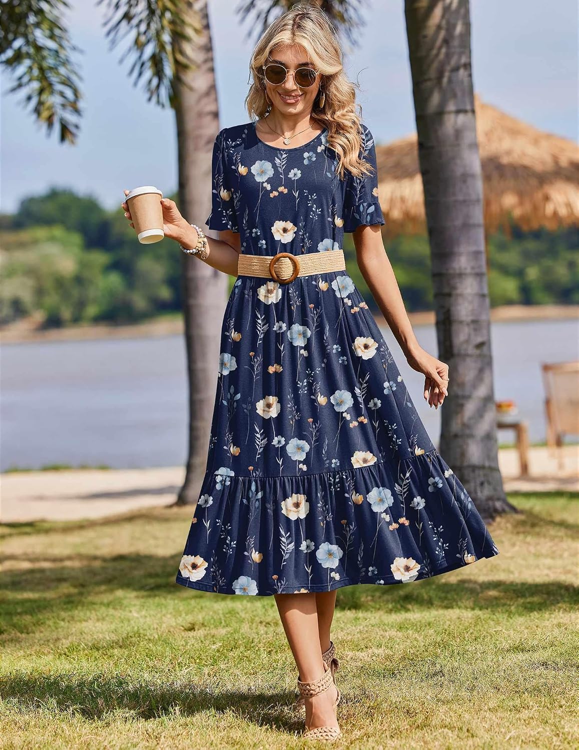 Zeagoo Womens Summer Dresses 2026 Casual Midi Dress Flowy Sundress Ruffle Short Sleeve Tiered Dresses A Line Boho Dress