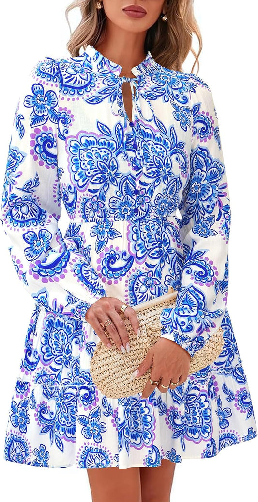 BTFBM Women Fall Dresses 2026 Floral Long Sleeve Mini Boho Dress