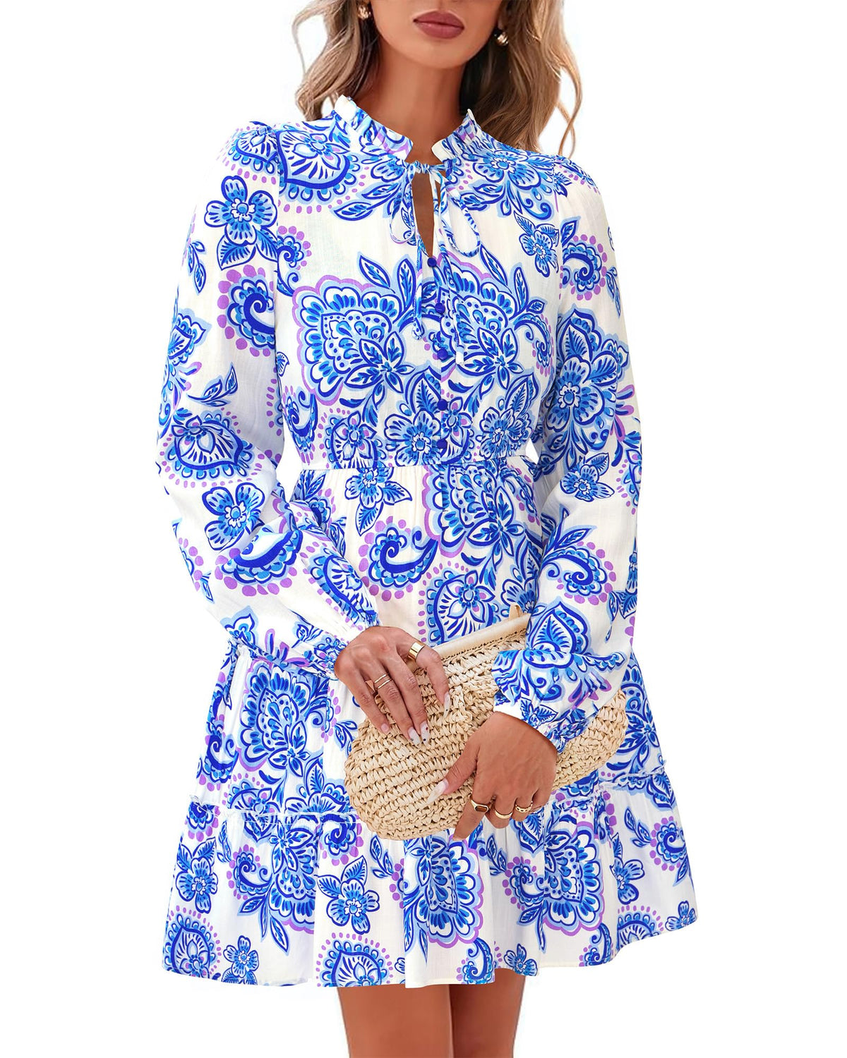 BTFBM Women Fall Dresses 2026 Floral Long Sleeve Mini Boho Dress
