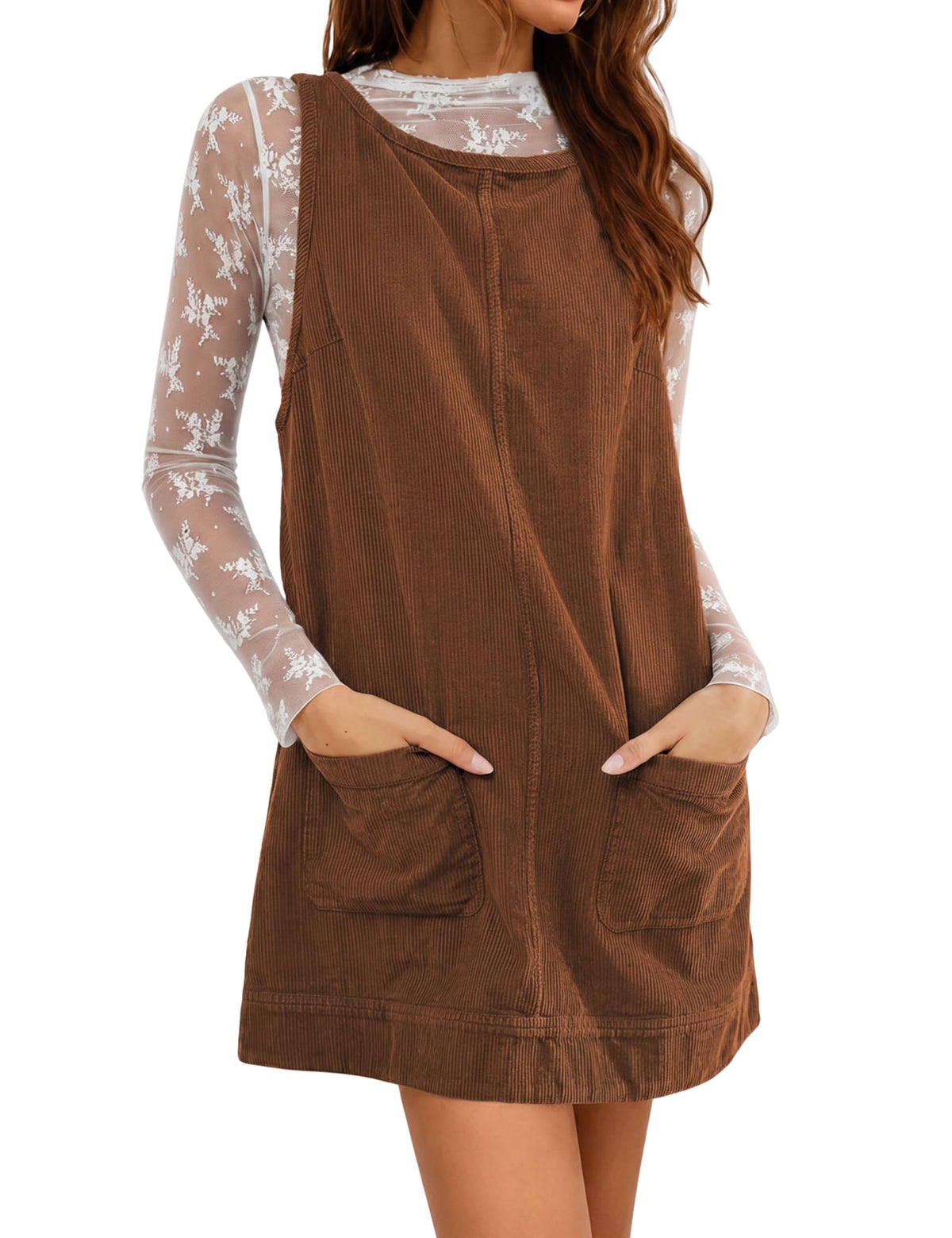 Hooever Women's Corduroy Overall Dress Round Neck A Line Skirtall Jumper Mini Dress Pinafore with Pockets