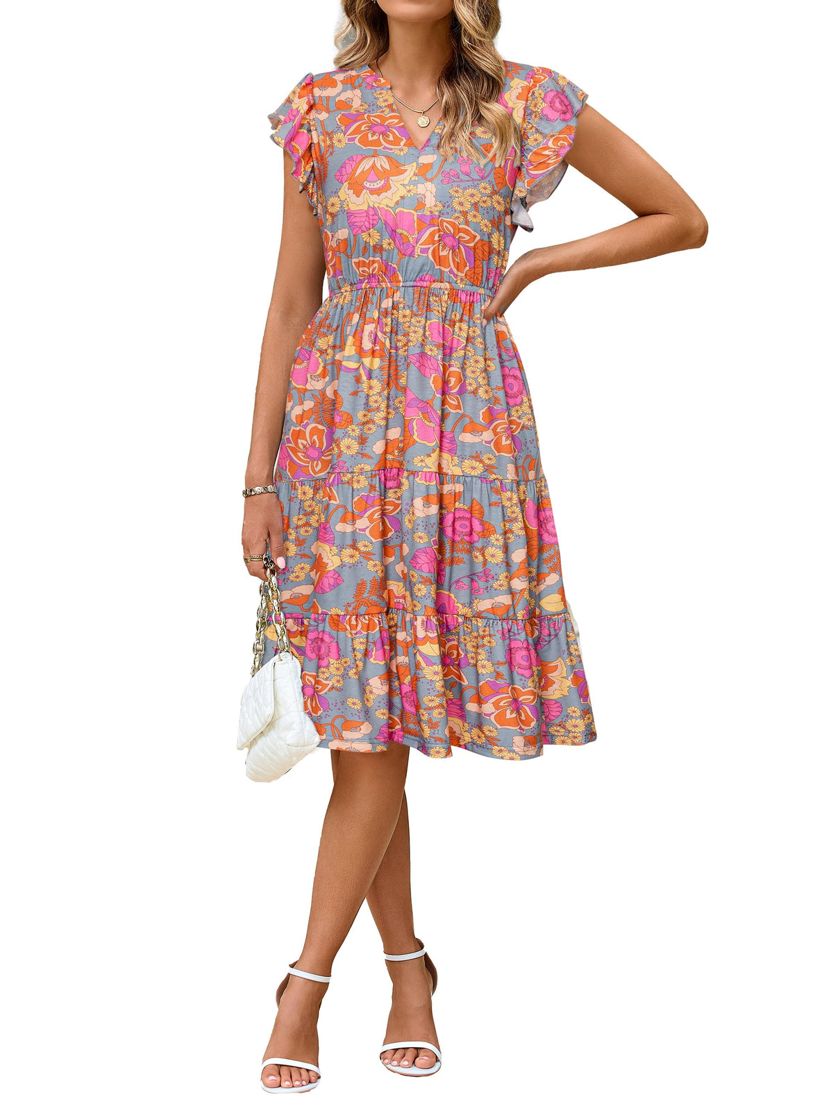 Glamaker Floral Tiered Midi Sundress Casual Summer V Neck Flutter Sleeve Striped Sun Dress with Pockets