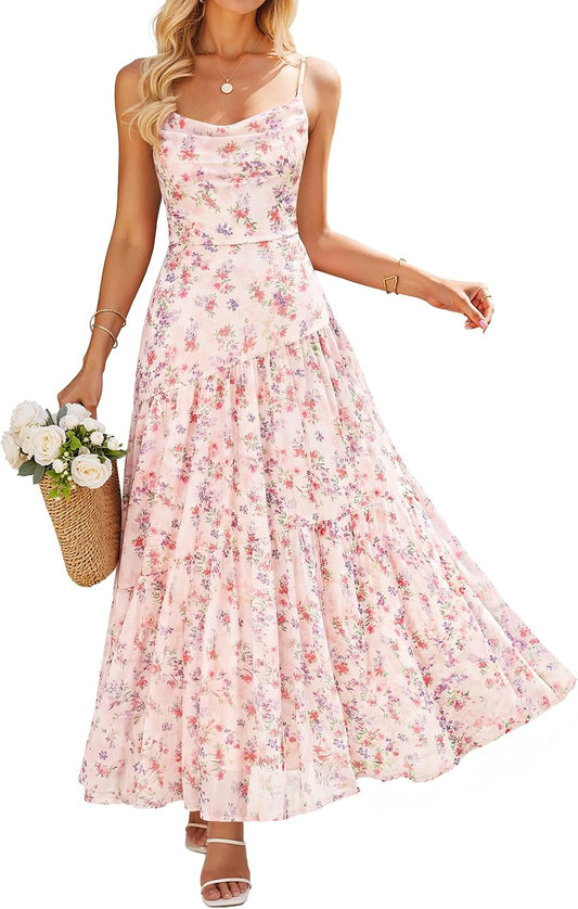 ZESICA Women's Summer Mesh Floral Sleeveless Wedding Guest Dress