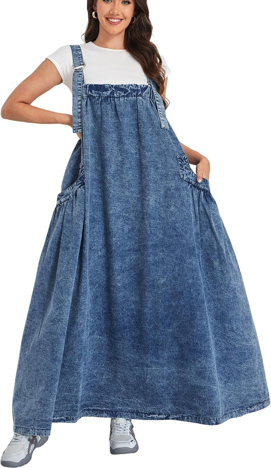 Denim Jumper Dress for Women Loose Version Baggy Style Maxi Length Adjustable Straps Wide Hemline