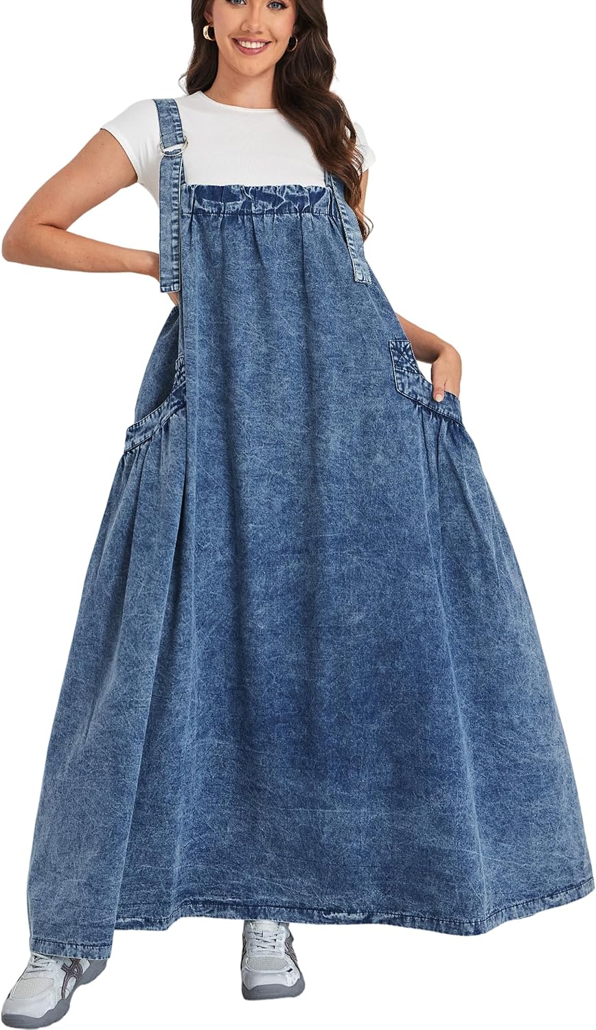 Denim Jumper Dress for Women Loose Version Baggy Style Maxi Length Adjustable Straps Wide Hemline
