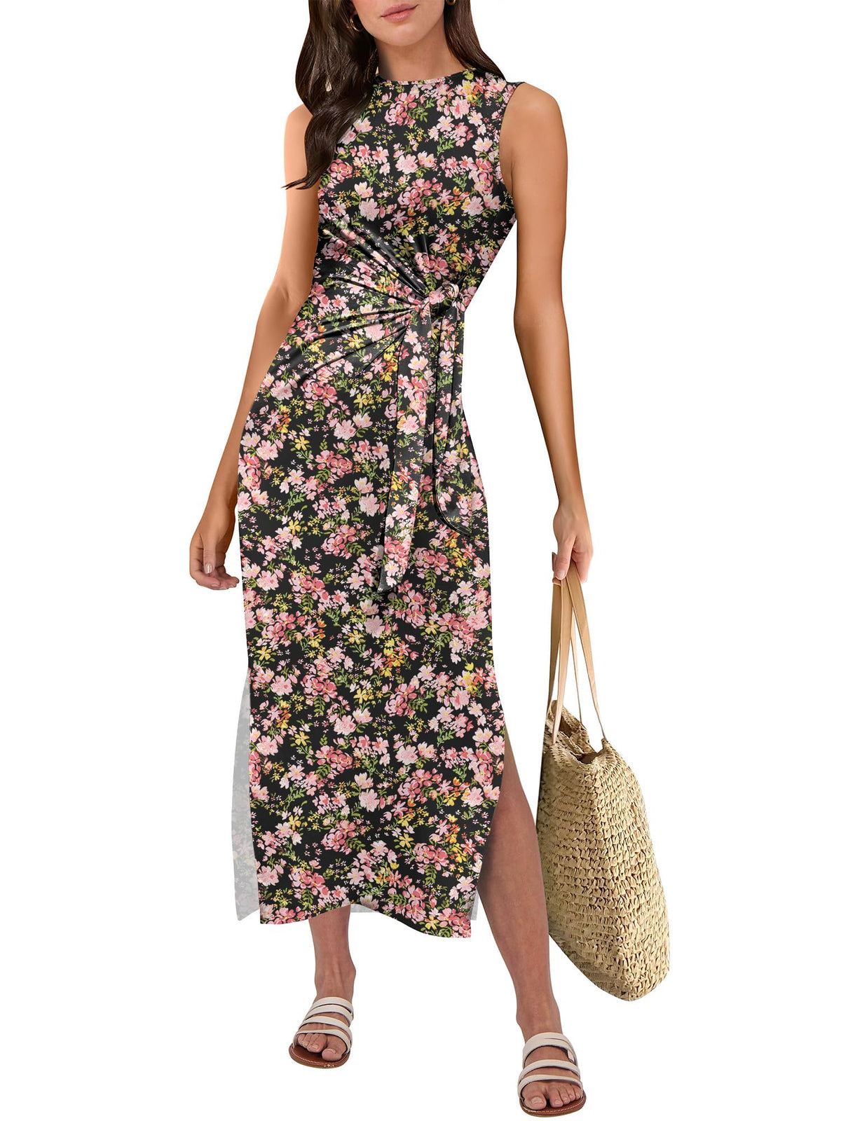 ANRABESS Womens Summer Casual Sleeveless T Shirt Midi Dress Slim Fit Tie Waist Split Tank Long Dresses 2026 Vacation Sundress