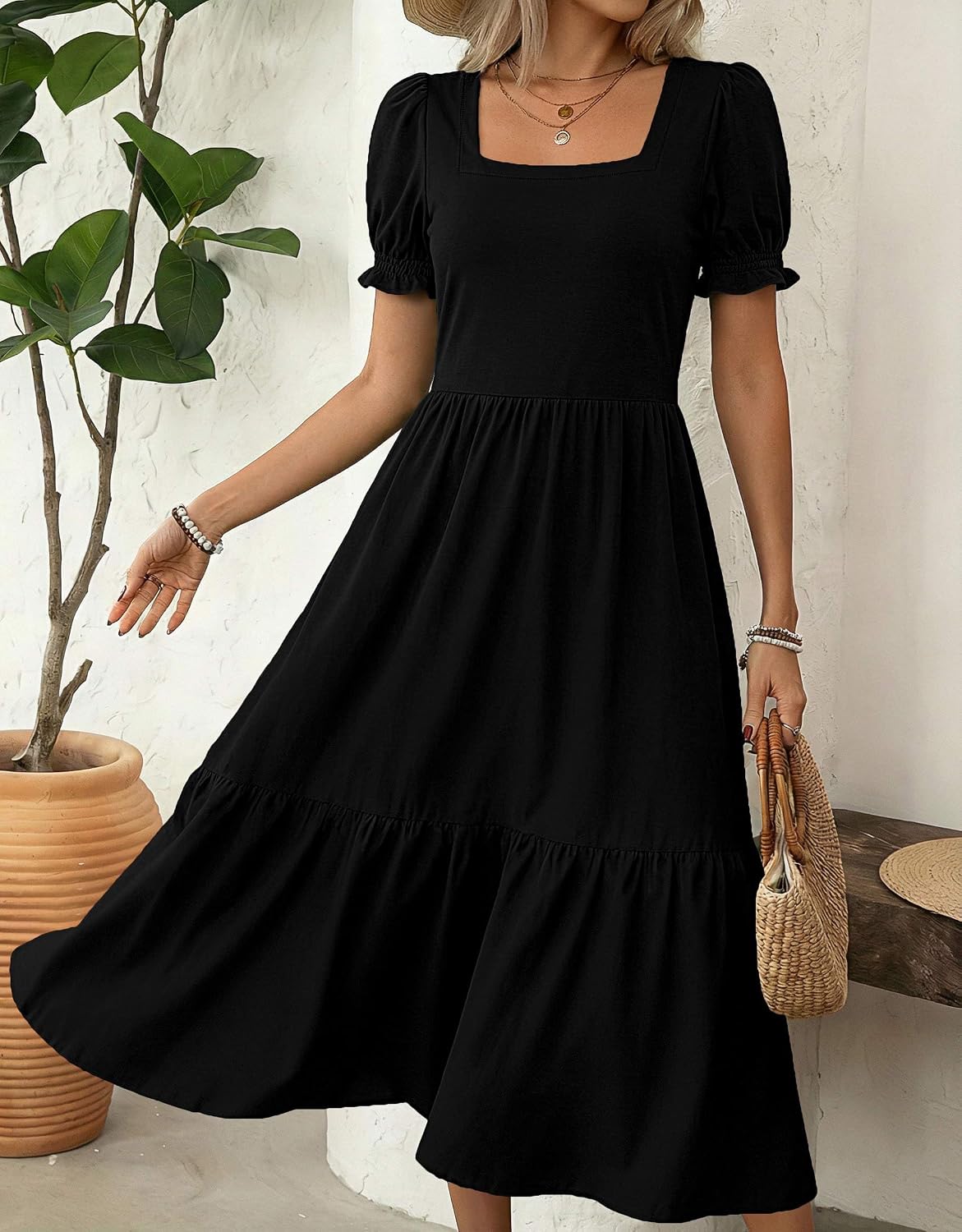 Zeagoo Summer Dresses for Women Flowy Casual Midi Dress Short Sleeve Tiered Dress Beach Vacation Sundresses with Pockets