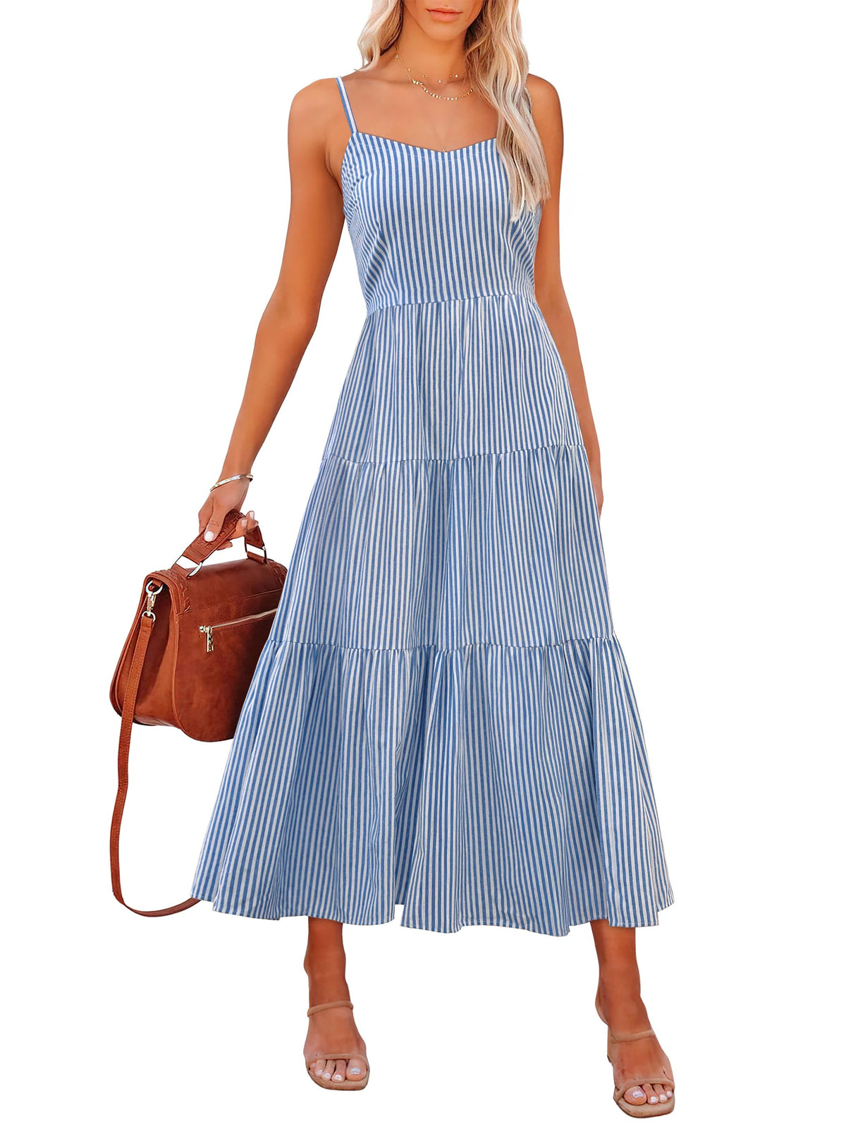 ANRABESS Womens Summer Striped Gingham Midi Dresses Casual Beach Sundress