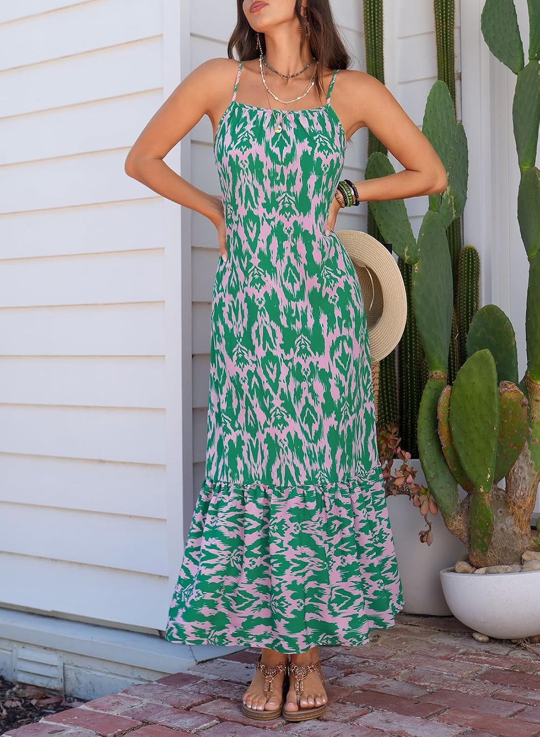 Dokotoo Women Summer Dresses Scoop Neck Ruffle Flowy Boho Maxi Dress