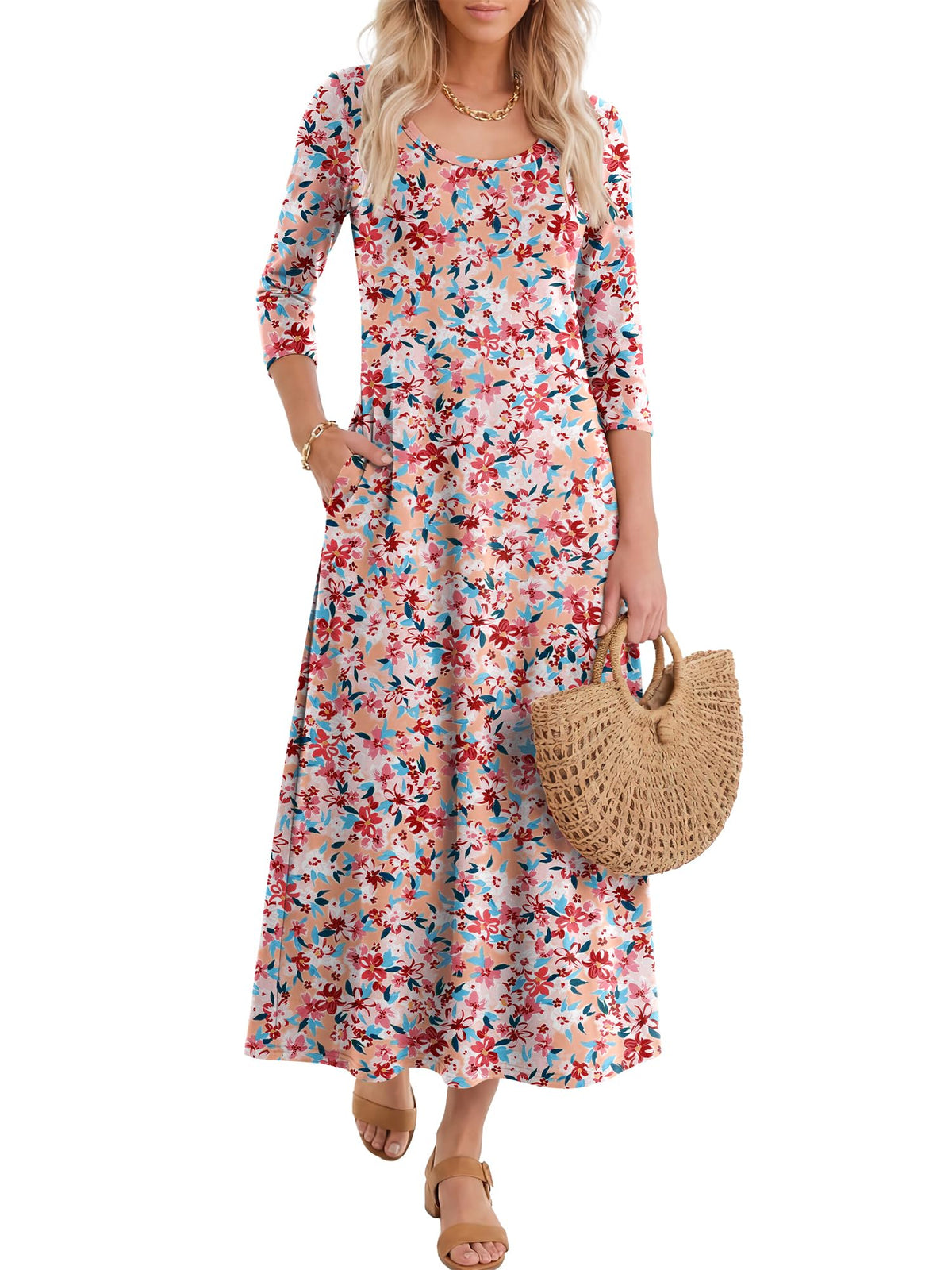 ANRABESS Womens 3/4 Sleeve Scoop Neck Casual Maxi Dress