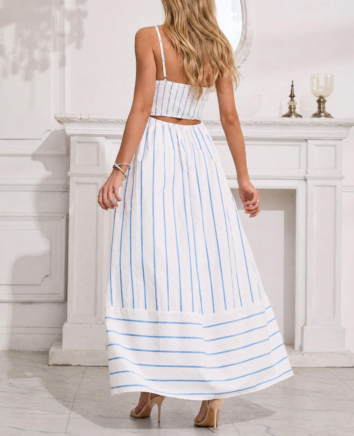 chouyatou Women's Striped Back Smocked Maxi Dress Sexy Spaghetti Strap Cut Out Flowy Swing Long Dress